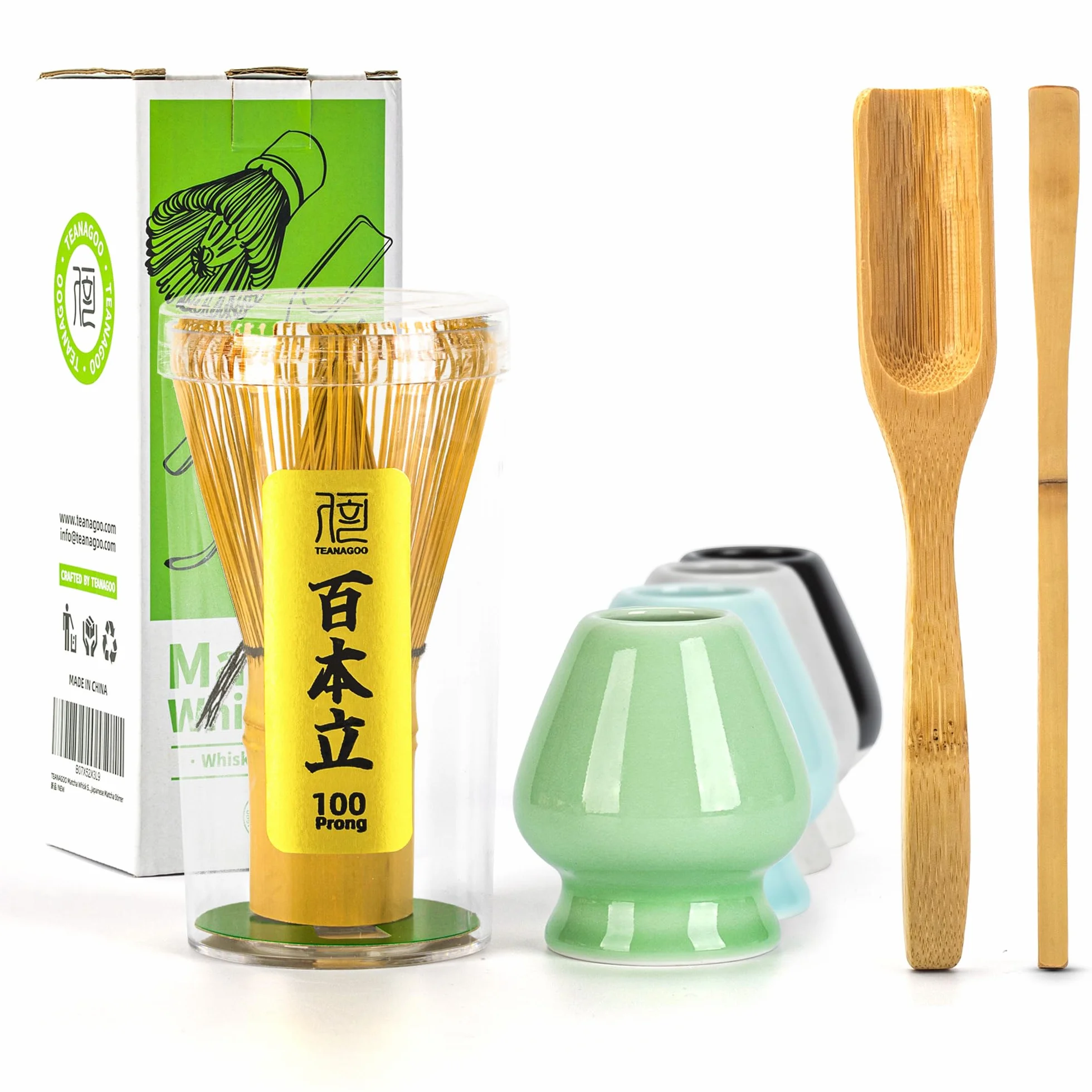 TEANAGOO 4 Piezas Kit de Té Matcha, Batidor Chasen de Bambú 100, Pala Chashaku, Cuchara de Té, Porta Batidor