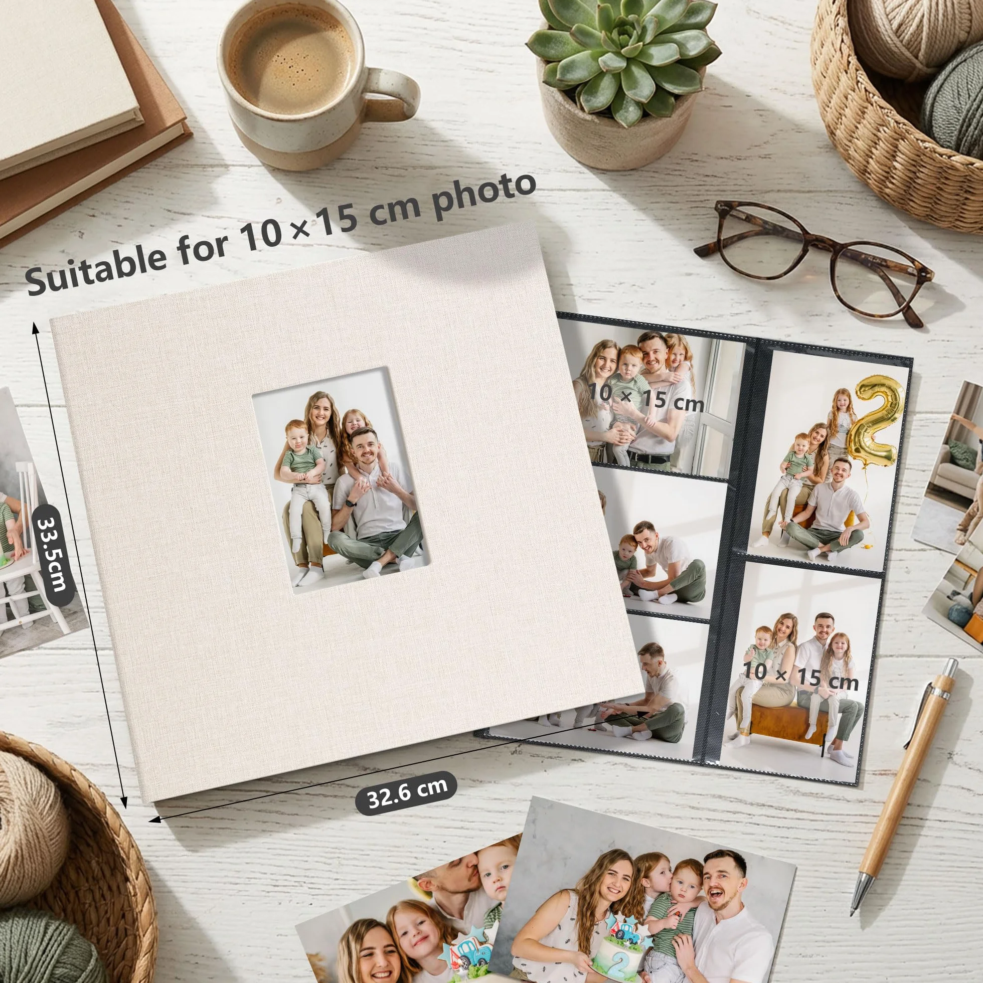 Album Fotos 10x15 cm, Álbum de Fotos de Gran Capacidad para 600 Bolsillos, Photo Album Horizontal y Vertical, con Funda de Tela, Ideal para Familia, Bodas, Viaje y Recuerdos de Bebé, Beige