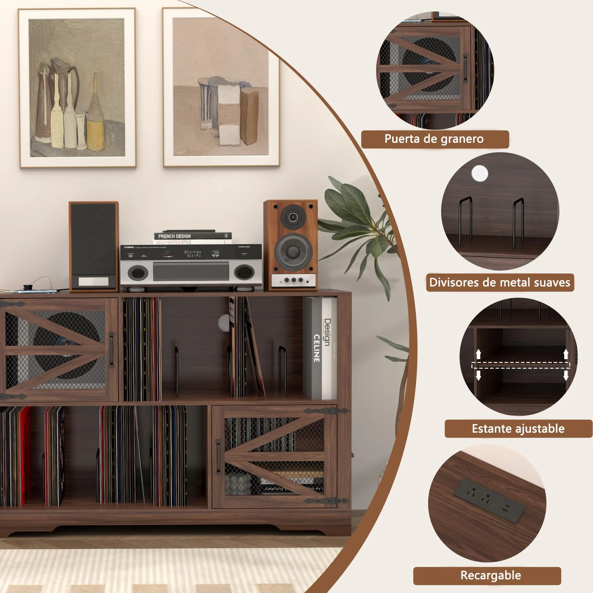 MDF Mueble para Discos de Vinilo con Acabado Nogal,Soporte para 500+ Vinilos, 2 Enchufes & 2 USB, Antivuelco, Mueble Compacto para Salón y Tocadiscos,Color Nogal（120×40×80cm）