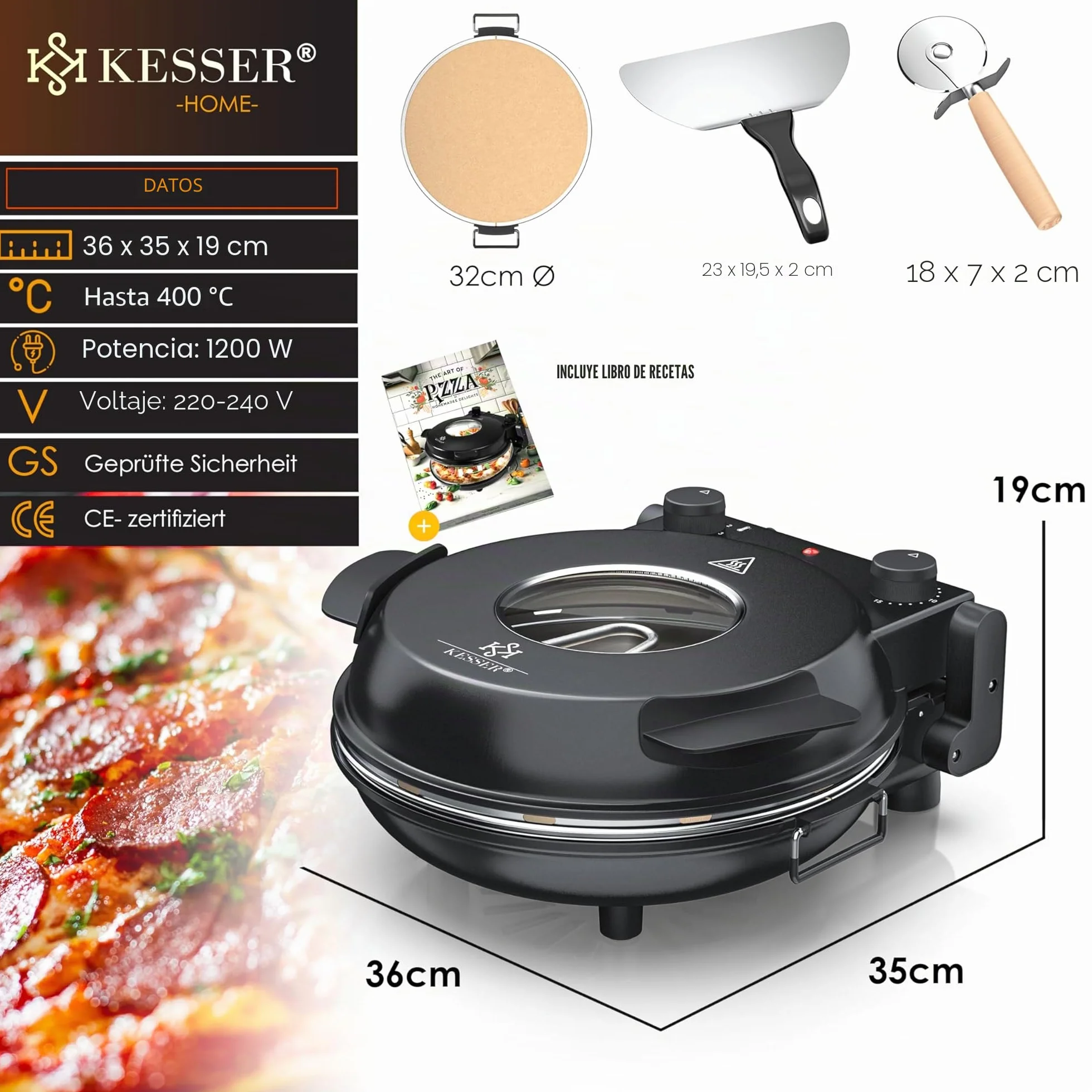 KESSER Horno eléctrico para pizza 400°C 1200W 32 cm placa piedra ignífuga temporizador 5 niveles