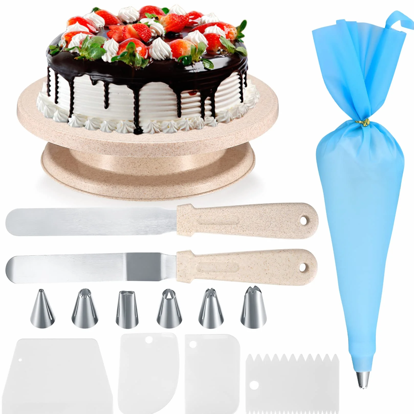 Herramientas de Plato Giratorio de Decoración para Pasteles, Kit de Suministros con Raspadores, Espátulas, Mangas Pasteleras, Boquillas de Polipropileno