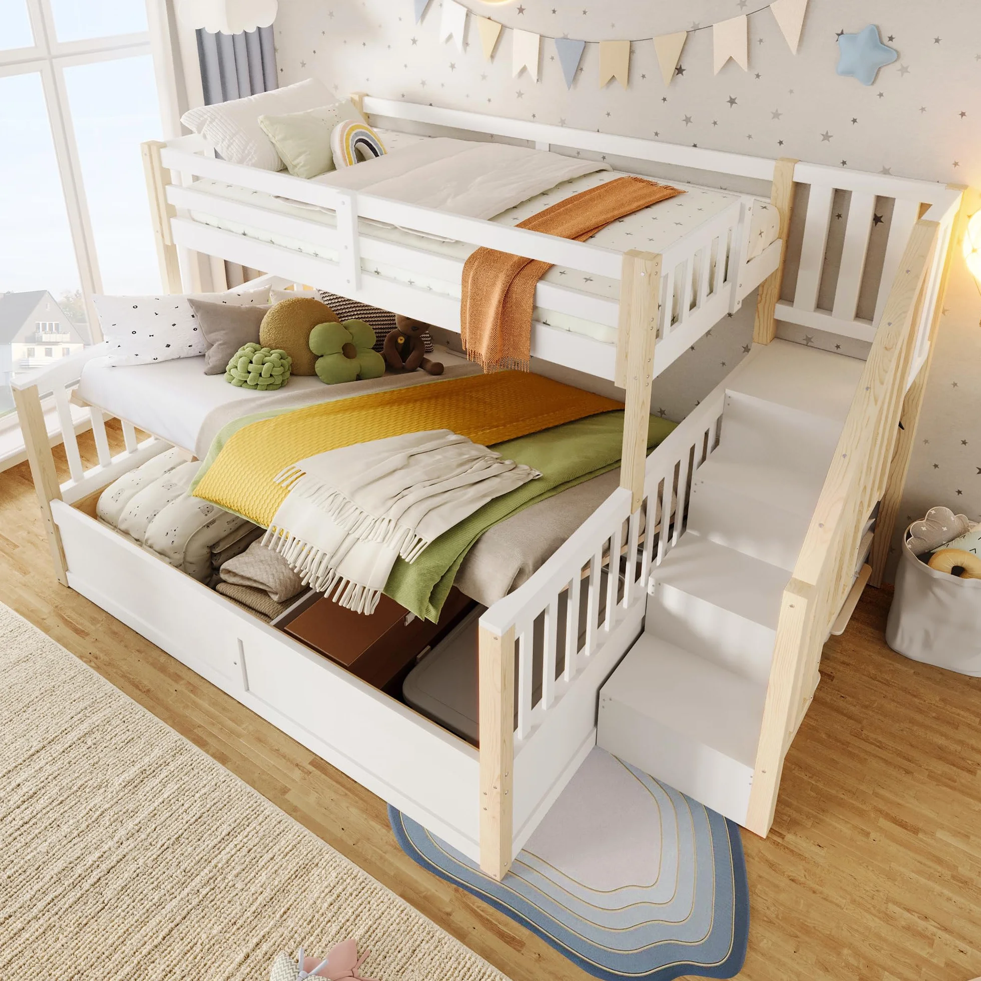 Litera 90(140) x200 cm con Almacenamiento Hidráulico y Escalera Almacenaje, Cama Litera Matrimonio para 2 Personas, Cama Infantil con Barandilla Anticaída y Lamas, Sin Colchón, Blanco+Natural