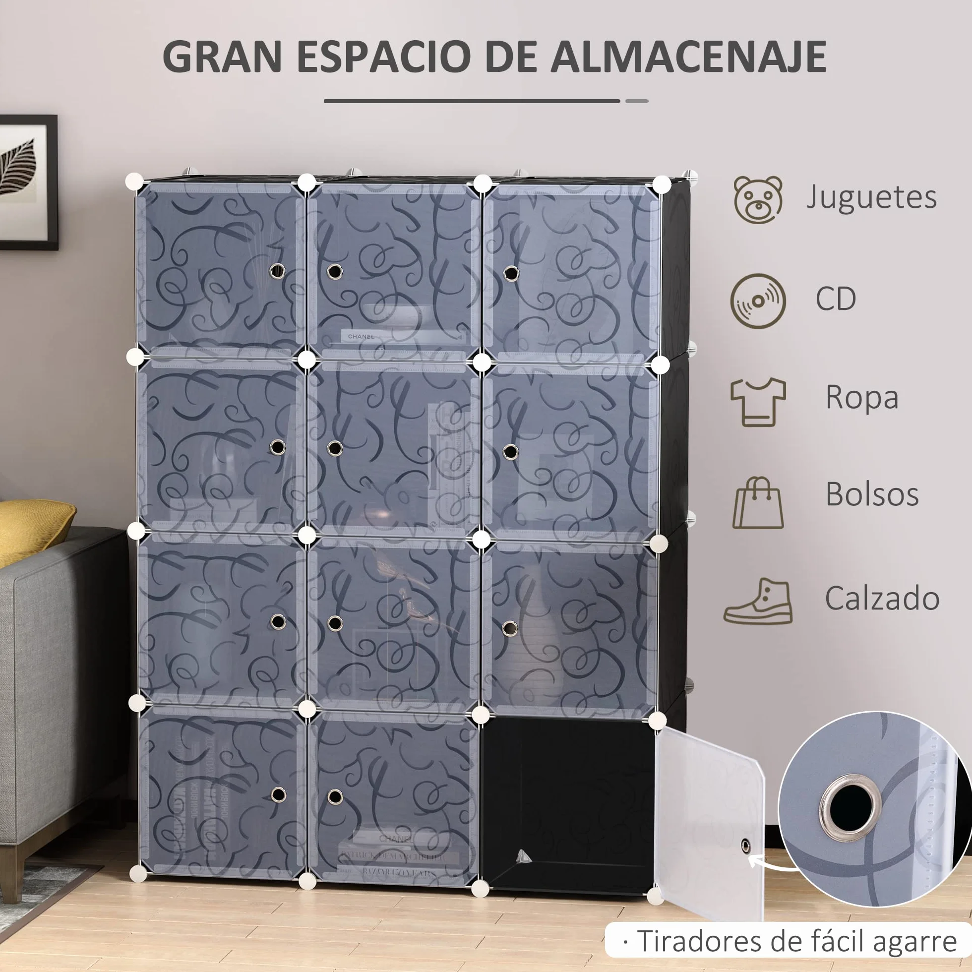 HOMCOM Armario Modular Plástico Estantería 12 Cubos con Puertas