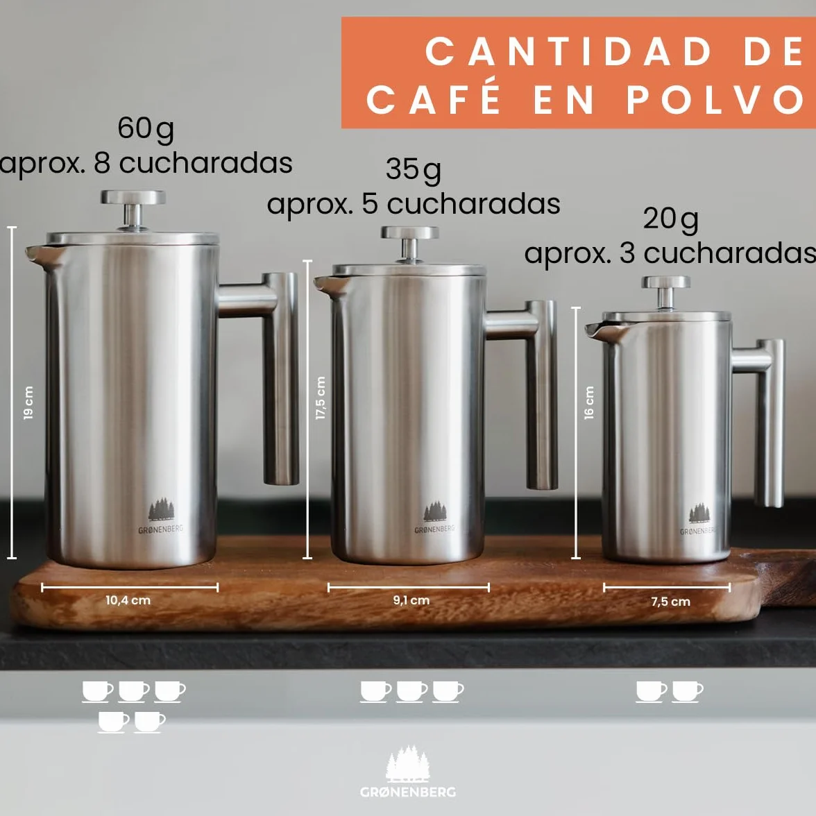 Groenenberg Cafetera francesa I Prensa francesa con filtros de repuesto I French Press 0,6 litro I Cafetera embolo en acier inox con función térmica