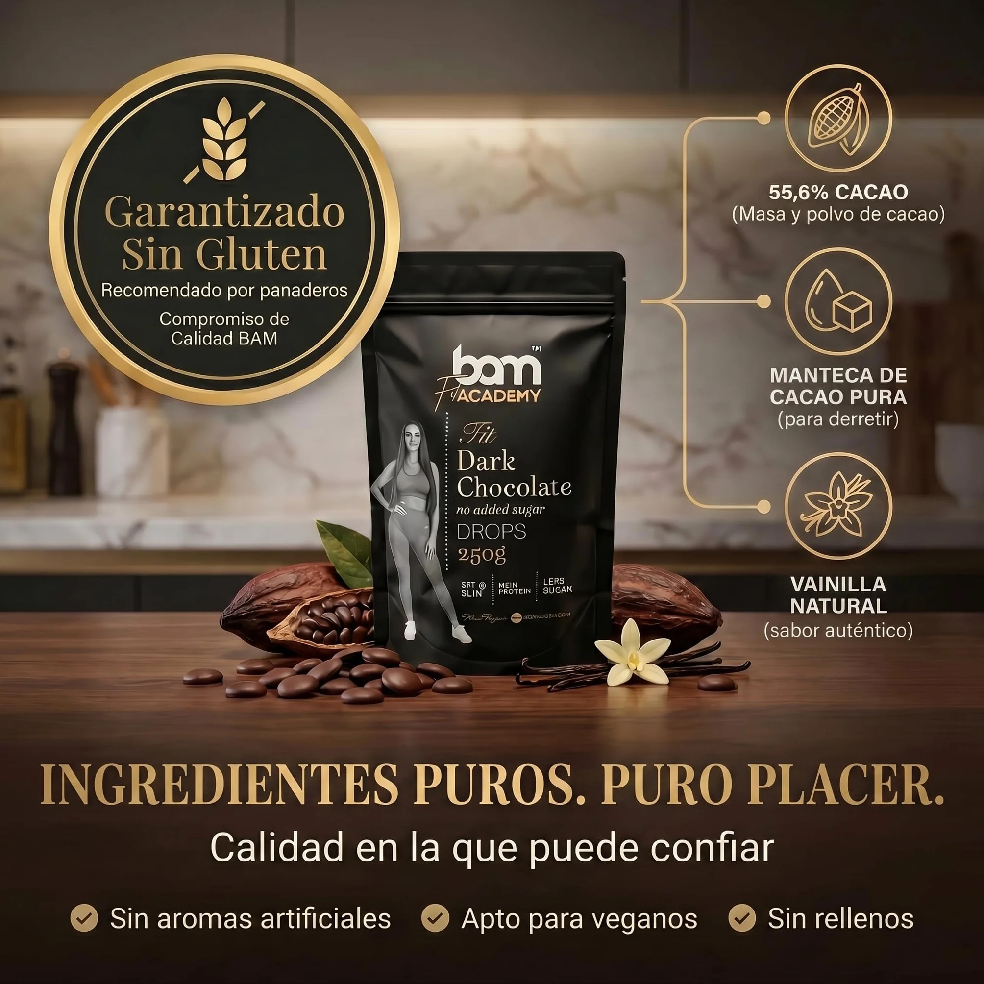 BAM Pepitas de Chocolate Negro sin Azúcar Añadido 250 g – Gotas de Repostería 55.4% Cacao