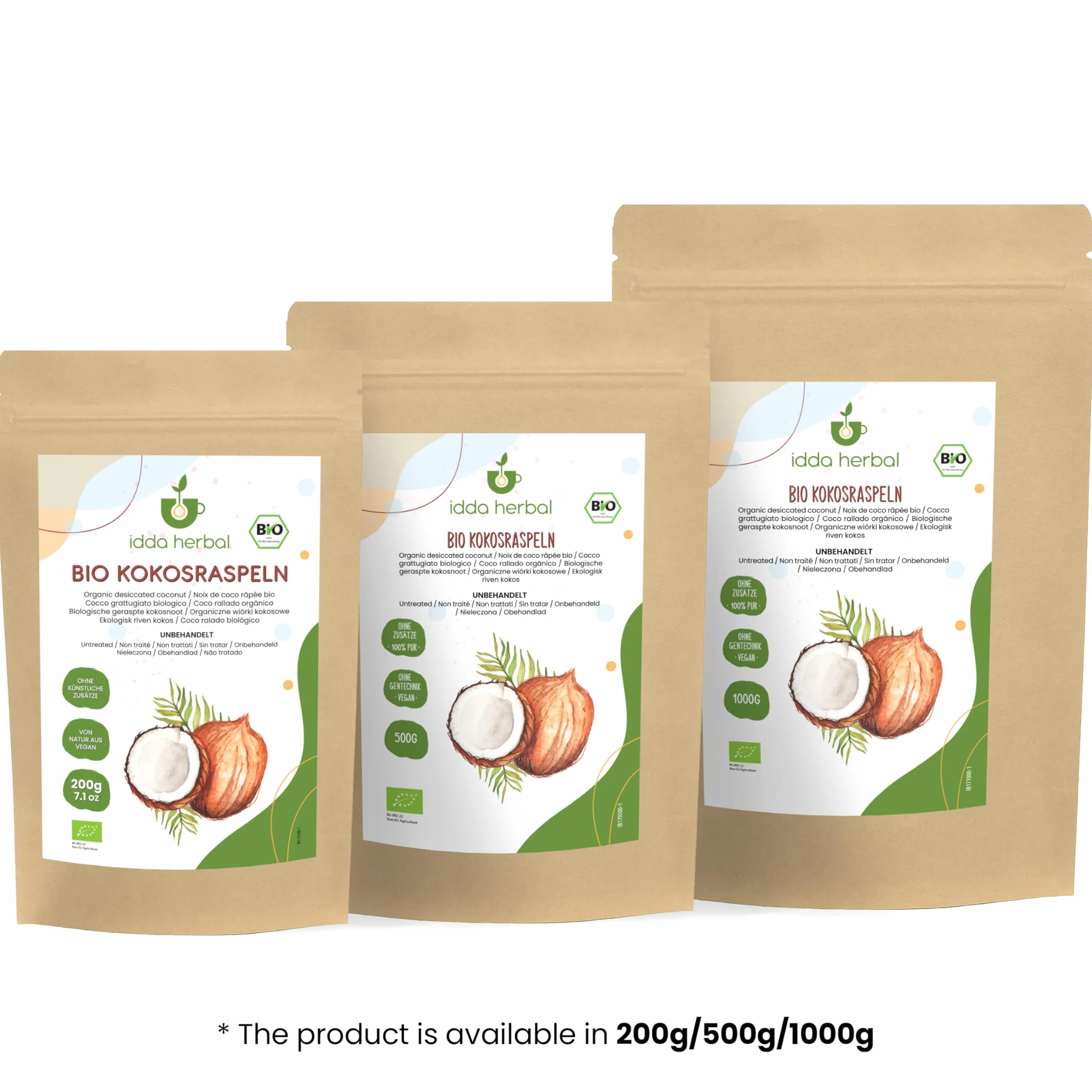 IDDA Herbal Coco Desecado Orgánico 1kg, Coco Crudo Rallado para Hornear y Cocinar