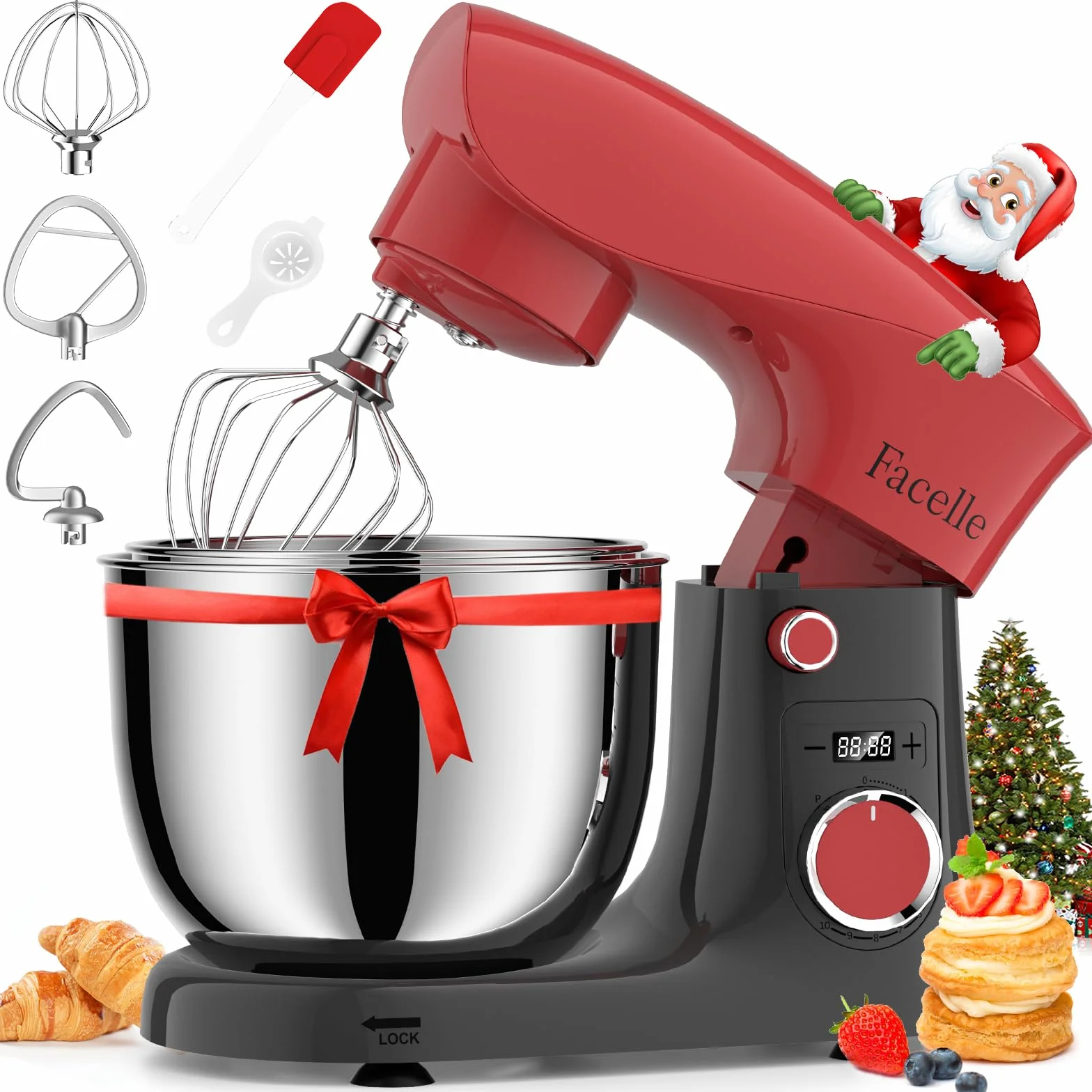 Batidora Amasadora Reposteria 1500 W, Facelle 5,5L & 4,5L Amasadora de Pan Multifunción, 10+P Robot de Cocina Amasador con Batidor, Batidor Plano, Gancho Para Masa y Protector Contra Salpicaduras