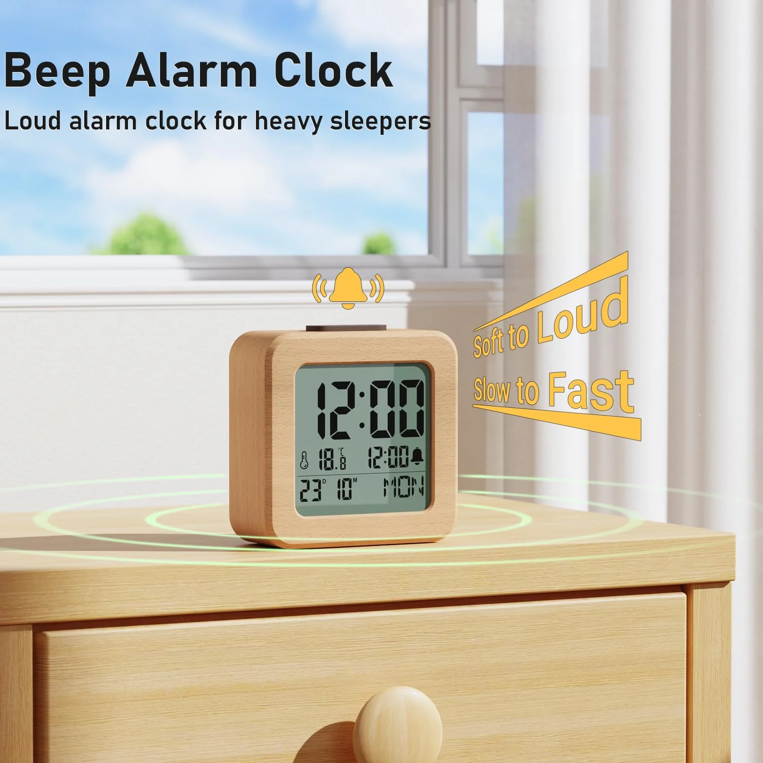 Despertador Digital, Reloj Despertador Digital de Madera Pilas con Sensor de Luz, Retroiluminación LCD, Snooze 5 Min, Temperatura, Fecha y Día de la Semana (Madera)