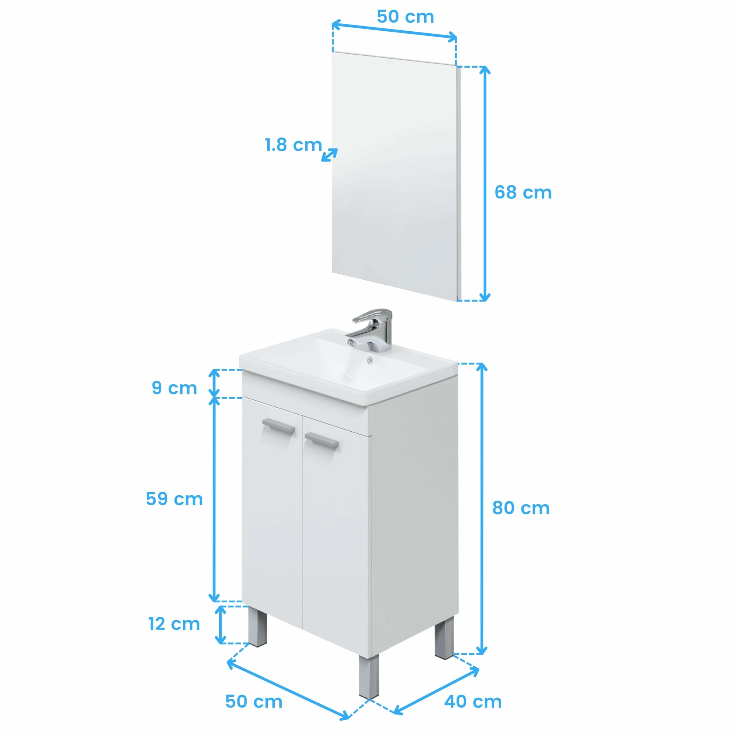 Mueble de Baño Camelia Estilo Contemporáneo en Color Blanco con 2 Puertas y Espejo 50x80x40 cm (Lavabo Cerámico)