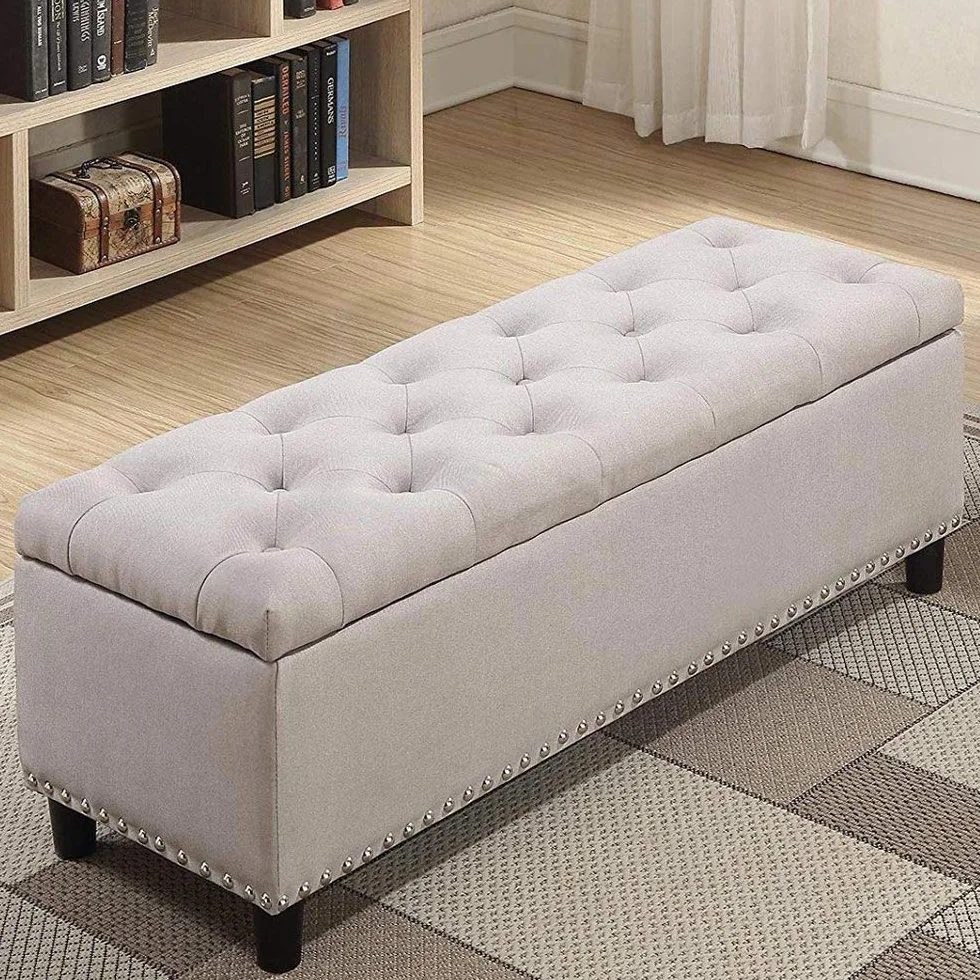 Bakaji - Baúl de almacenaje con reposapiés para Dormitorio, Banco con Estructura de Madera y Revestimiento de Tela, Asiento abatible Acolchado, Color Beige, Dimensiones: 121 x 42 x 43 cm.