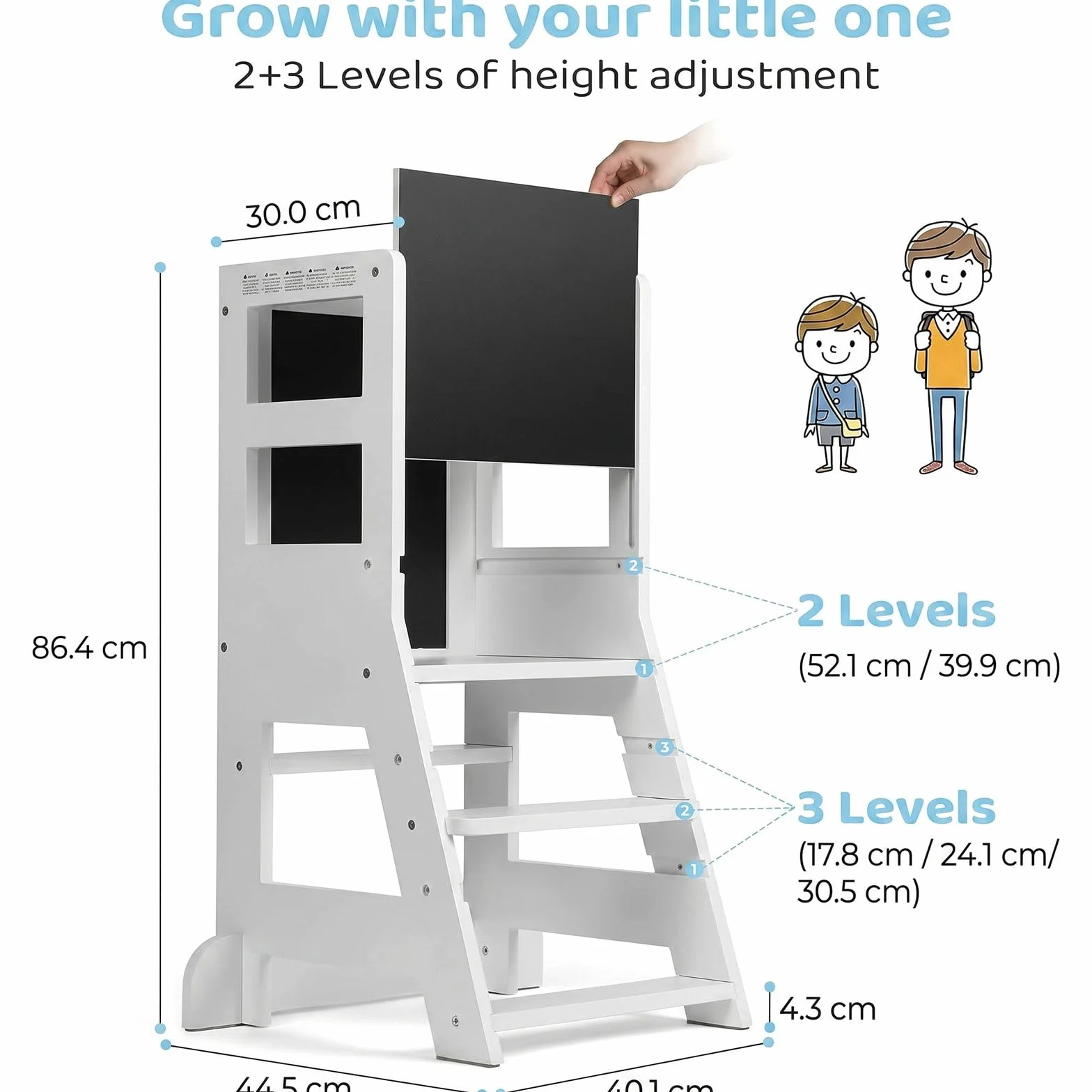 Torre para niños pequeños con planos ajustables de 3 alturas, tablero blanco magnético y negro extraíble
