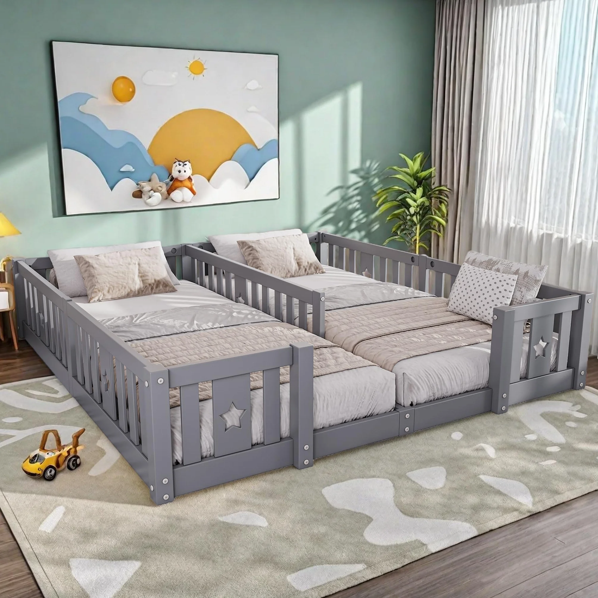 Cama en el suelo de 90 x 200 cm, cama infantil con barrera, cama montessori, madera maciza, camas dobles, para habitación de niños y niñas, sin colchón (gris A, 188 x 206 x 40)
