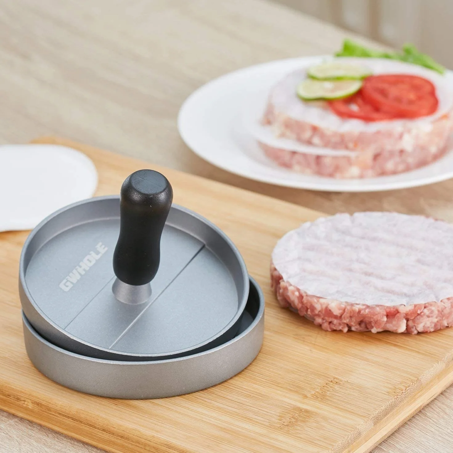 GWHOLE Prensa de Hamburguesa Antiadherente 11,5 cm con 100 Papeles