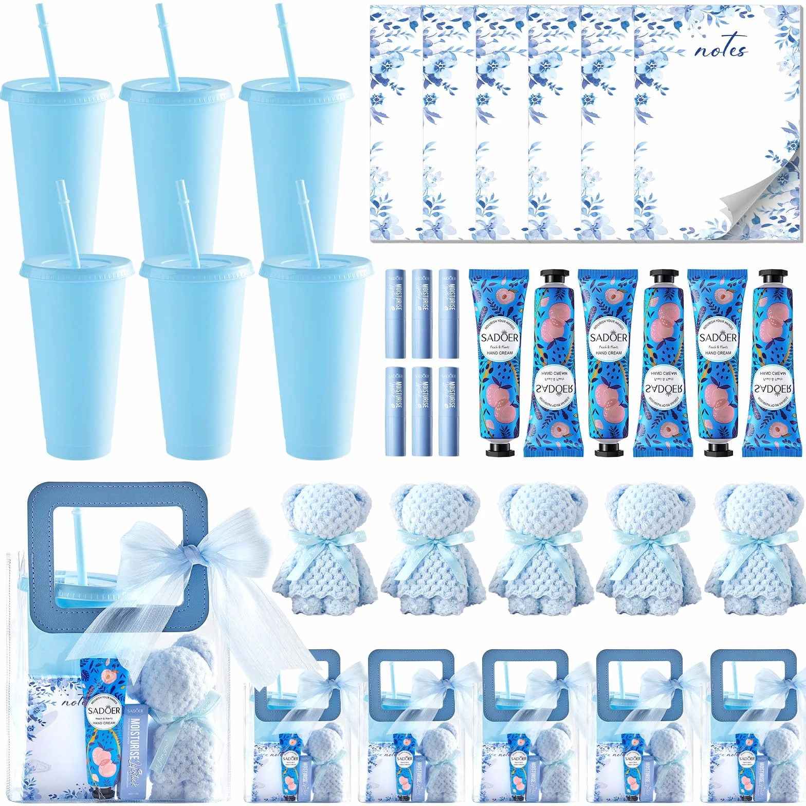 6 juegos de premios de baby shower para ganadores del juego, regalos para baby shower, incluye vasos de plástico, bloc de notas, bálsamos labiales, cremas de manos, toallas de baño de oso, bolsas de