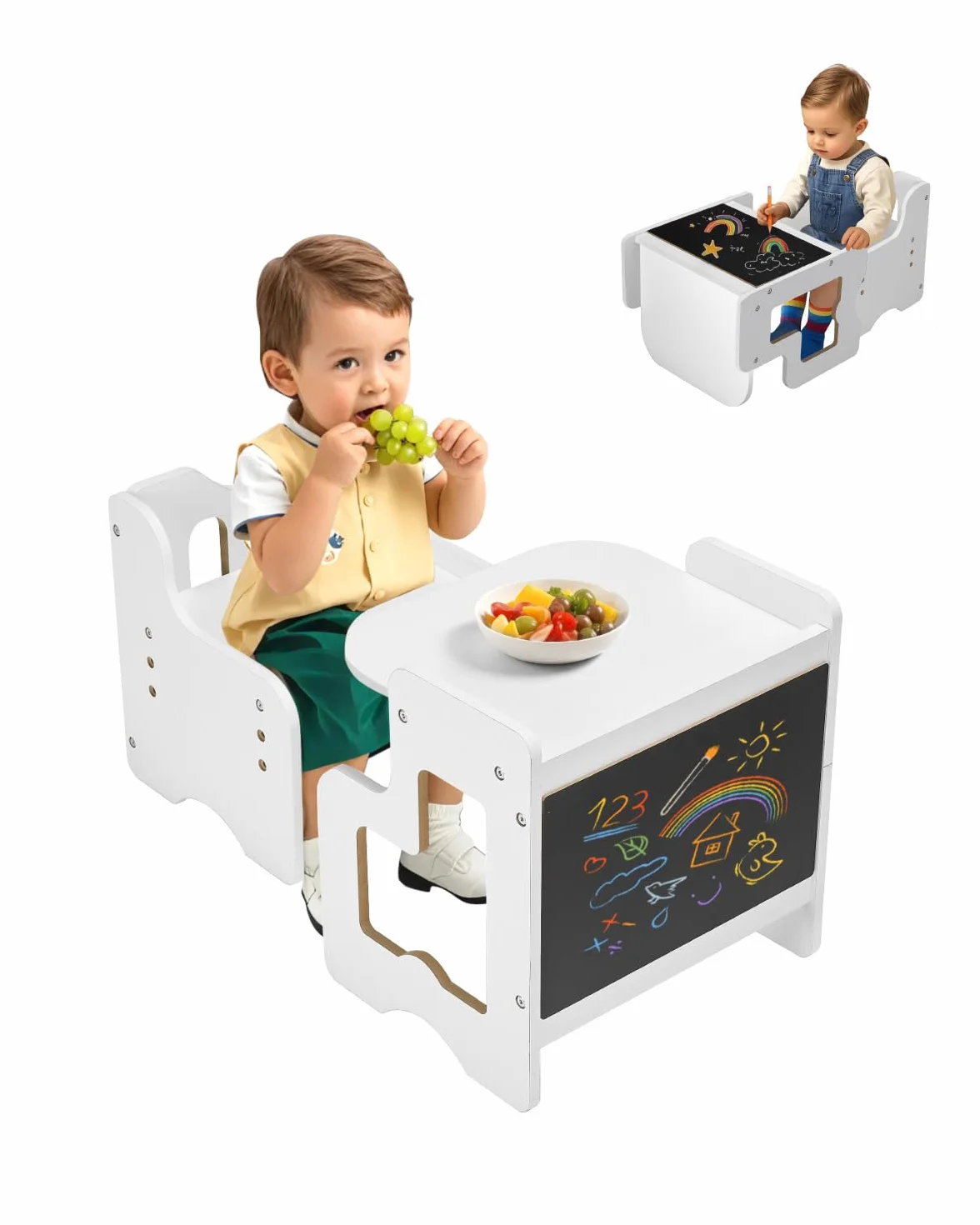 VEVOR 3 en 1 Juego de Mesa y Silla Montessori para Destete con Pizarra, Mesa Montessori de Altura Ajustable 380 x 316 x 400 mm para Leer, Dibujar, Comer y Jugar para Niños de 1 a 5 Años, Blanco