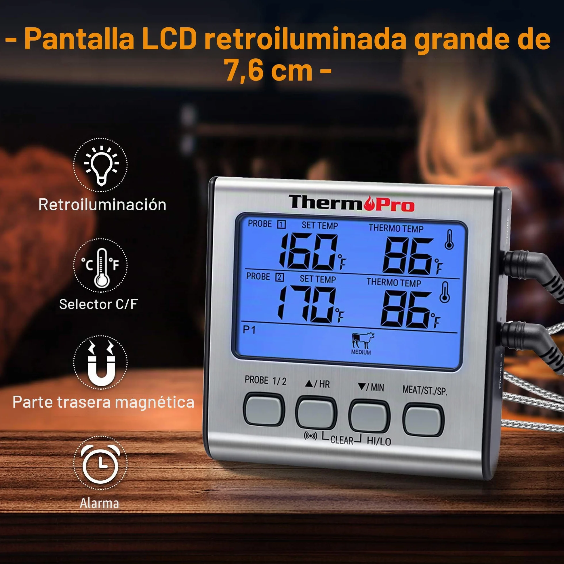 ThermoPro TP17 Termómetro Cocina Digital de Doble Sonda con Modo Temporizador Termómetros de Barbacoa con Grande Retroiluminación de LCD para BBQ Carne Alimentos Líquido Parrilla Horno