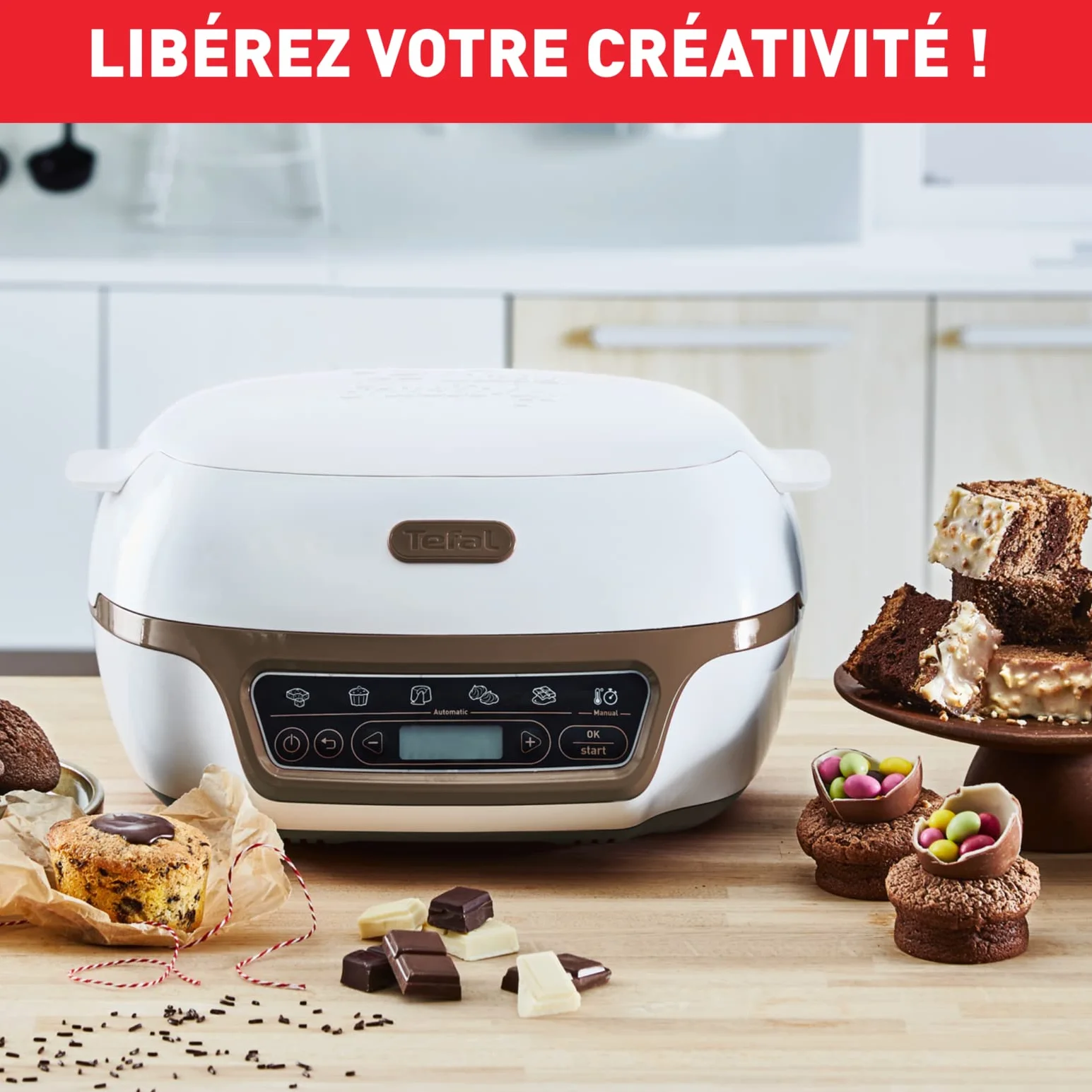 Tefal Cake Factory - Máquina inteligente para tartas, electrodoméstico de cocción, de pastelería, máquina de pan, magdalenas, con 4 moldes, 5 programas, compatible con moldes Crispybake KD802112