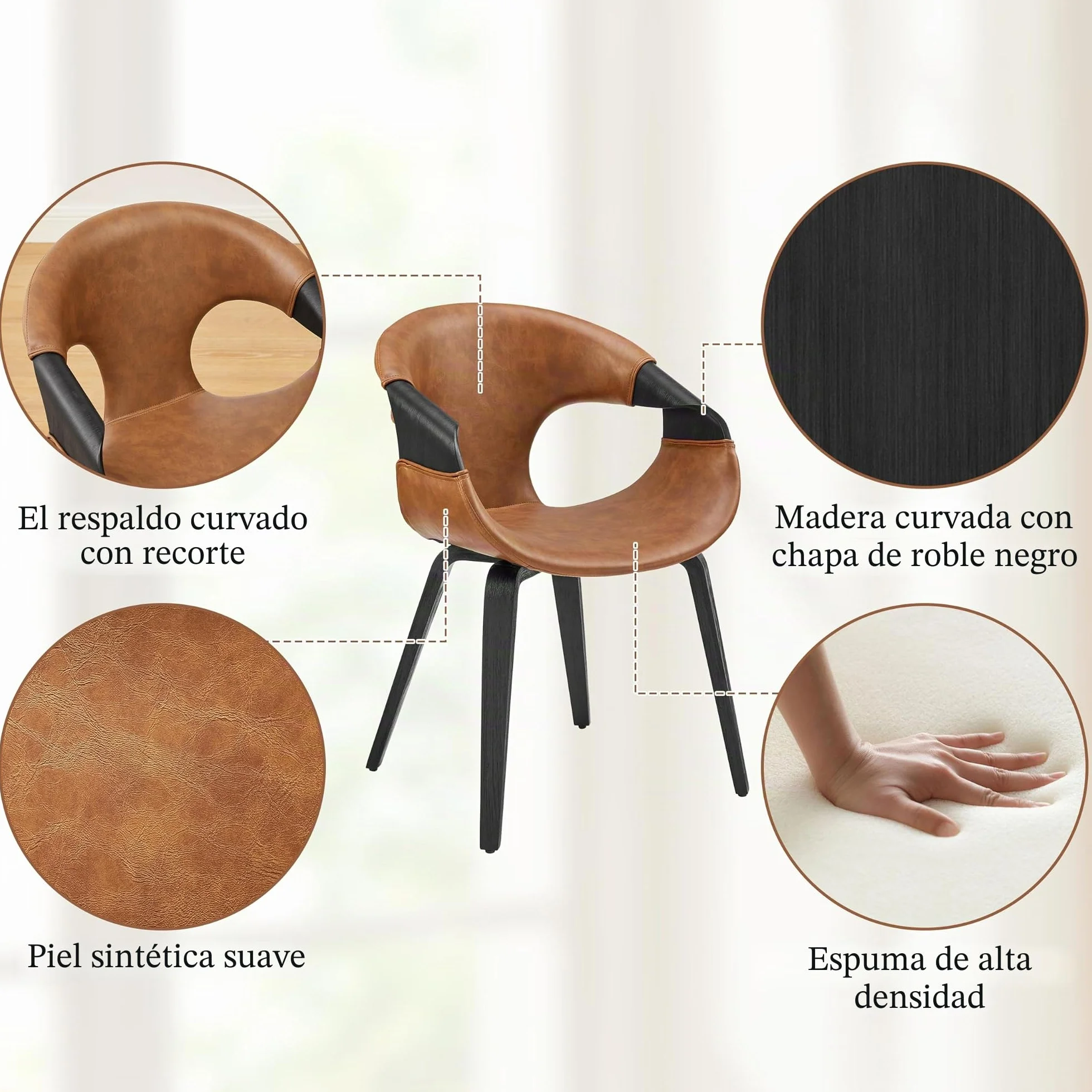 Zouron - Silla de comedor (estilo de madera curva), juego de 1,sillón moderno marrón, silla tapizada de piel sintética, silla de salón con respaldo, silla de cocina, silla de oficina en casa