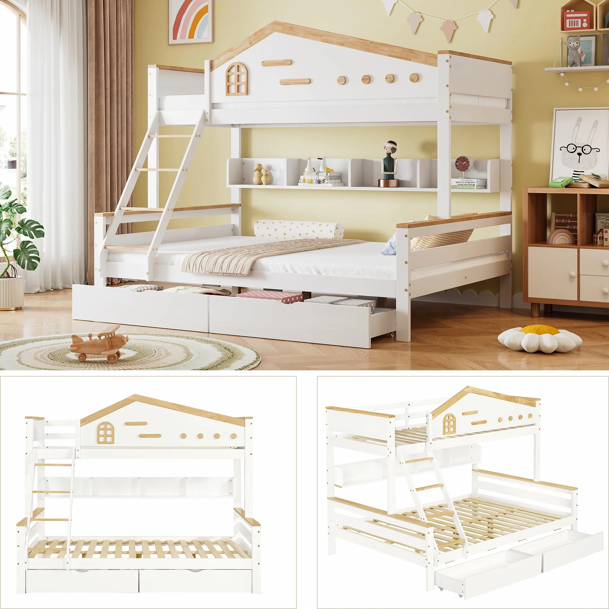 Lubvtti Litera Infantil con 2 cajones,Cama Infantil 90 x 200 cm y 140 x 200 cm,literas Juveniles con Estante Abierto,Estructura de Cama de Matrimonio de Madera Maciza, Blanco + Natural