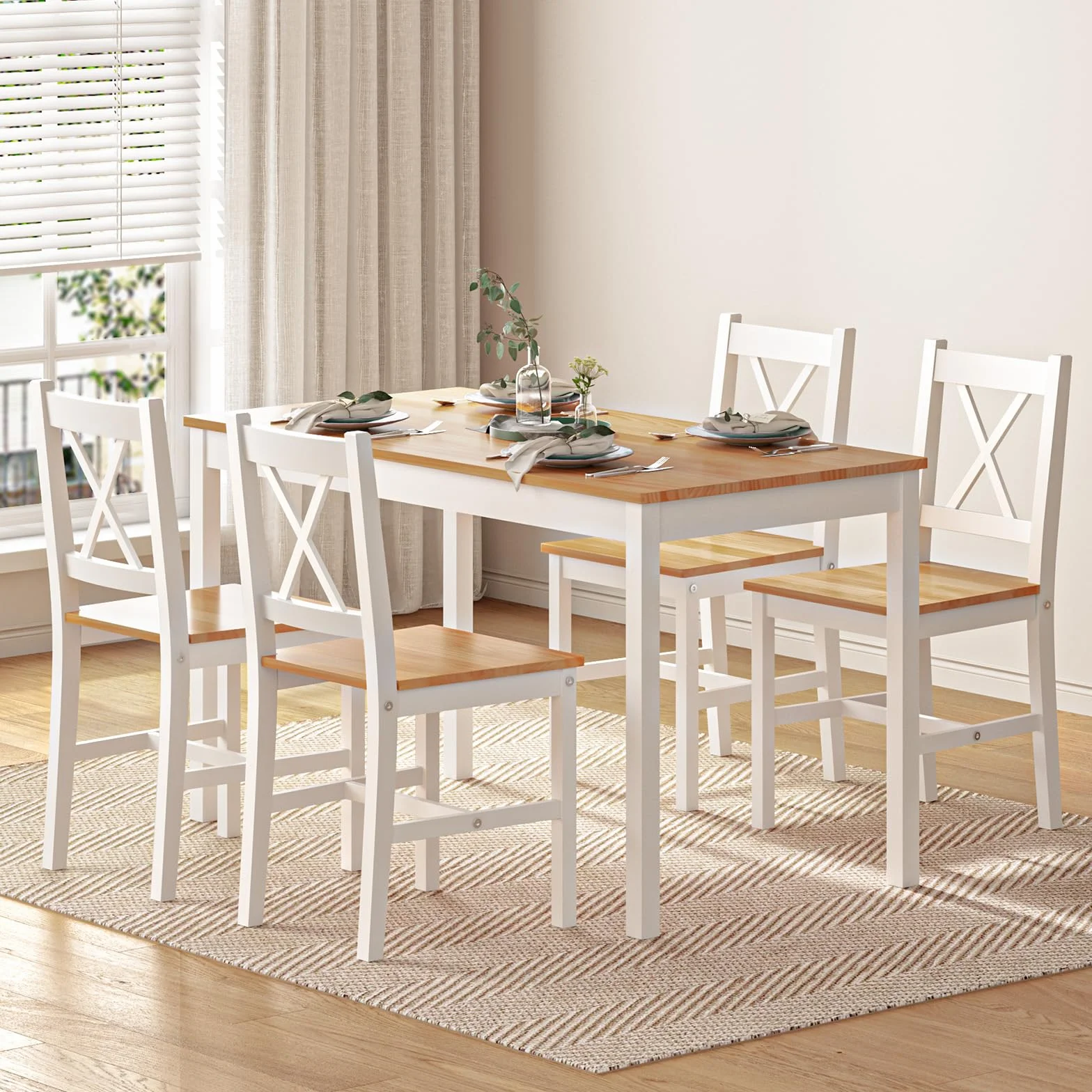 sogesfurniture Juego de comedor de 5 piezas, con mesa de comedor, 108 x 65 x 73 cm, y 4 sillas, rectangular, para salón, comedor, color blanco y teca (10QDLC)