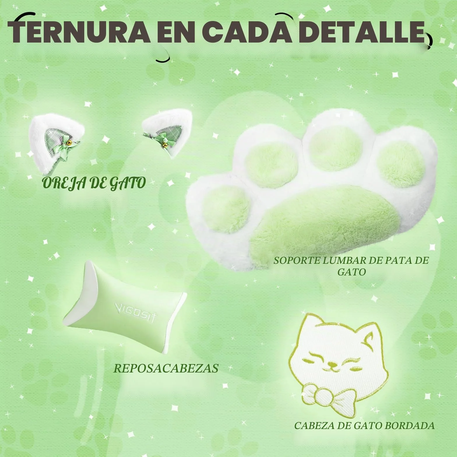 Vigosit Silla de juegos linda con cojín lumbar de pata de gato y orejas de gato, silla de juegos ergonómica con reposapiés, sillón de PC ajustable para niñas, adolescentes, niños, verde
