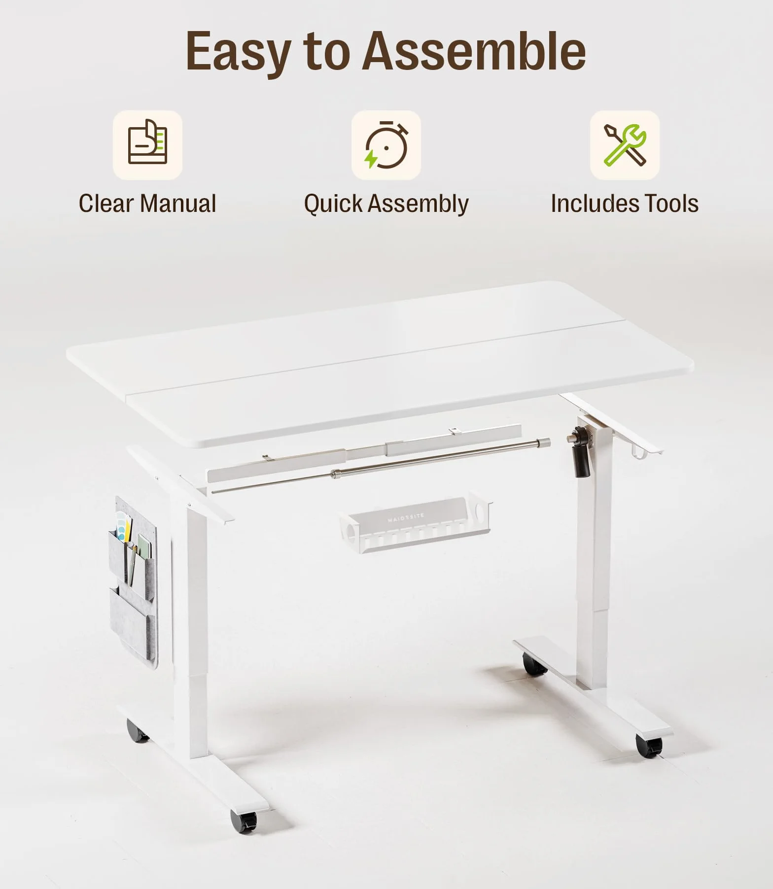 MAIDeSITe Mesa Elevadora Eléctrica de Altura Ajustable, 120 x 60 cm Mesa de Pie y Sentado con Bandeja para Cables, Gancho y Bolsillos de Almacenamiento, Mesa Elevadora con Controlador de Memoria