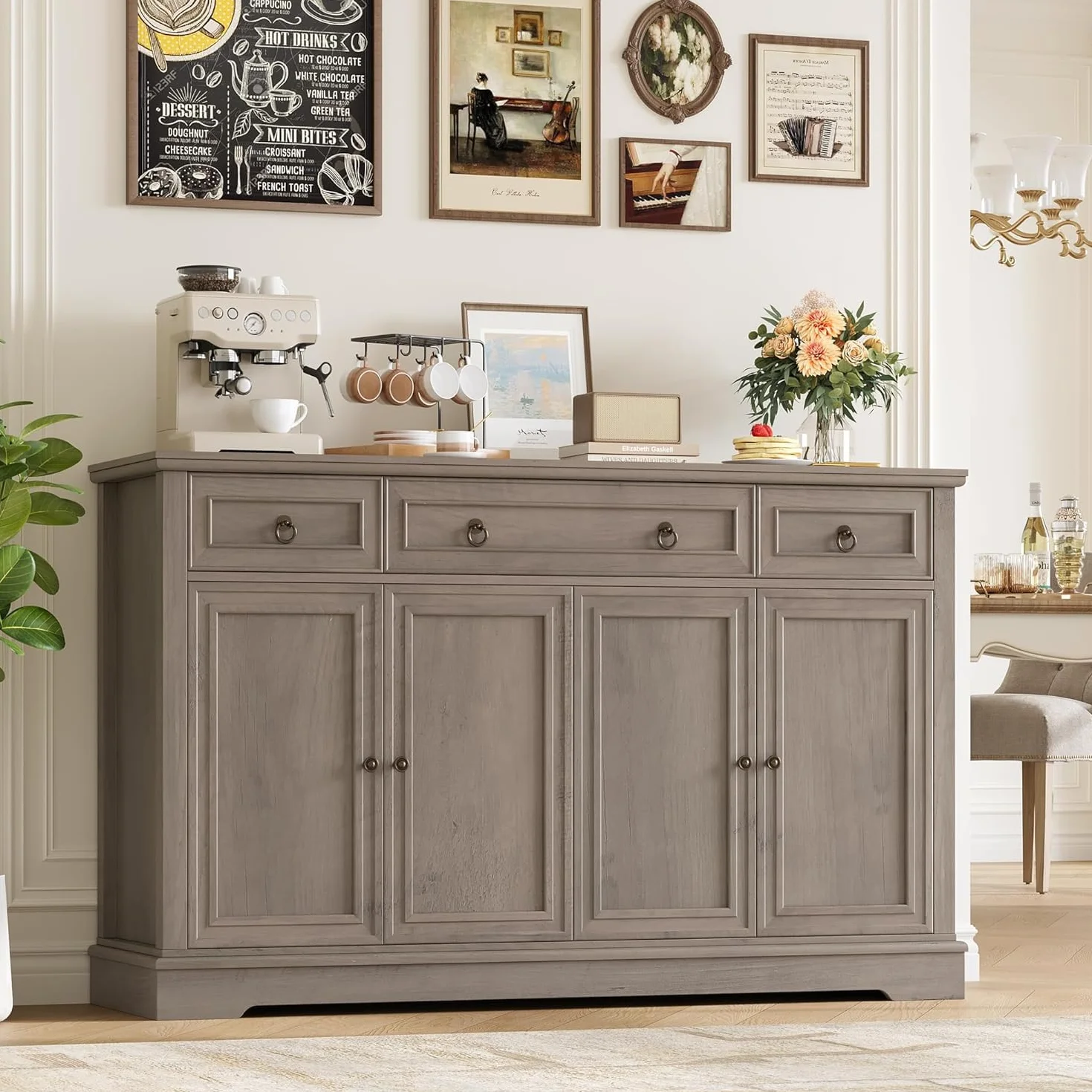 FirFurd Aparador Cocina, Armario de Almacenaje Comedor, Mueble Auxiliar de Cocina, Mueble Aparadores Salón con 3 Cajones y 4 Puertas, Estantes Ajustables 134x40x87cm Marrón