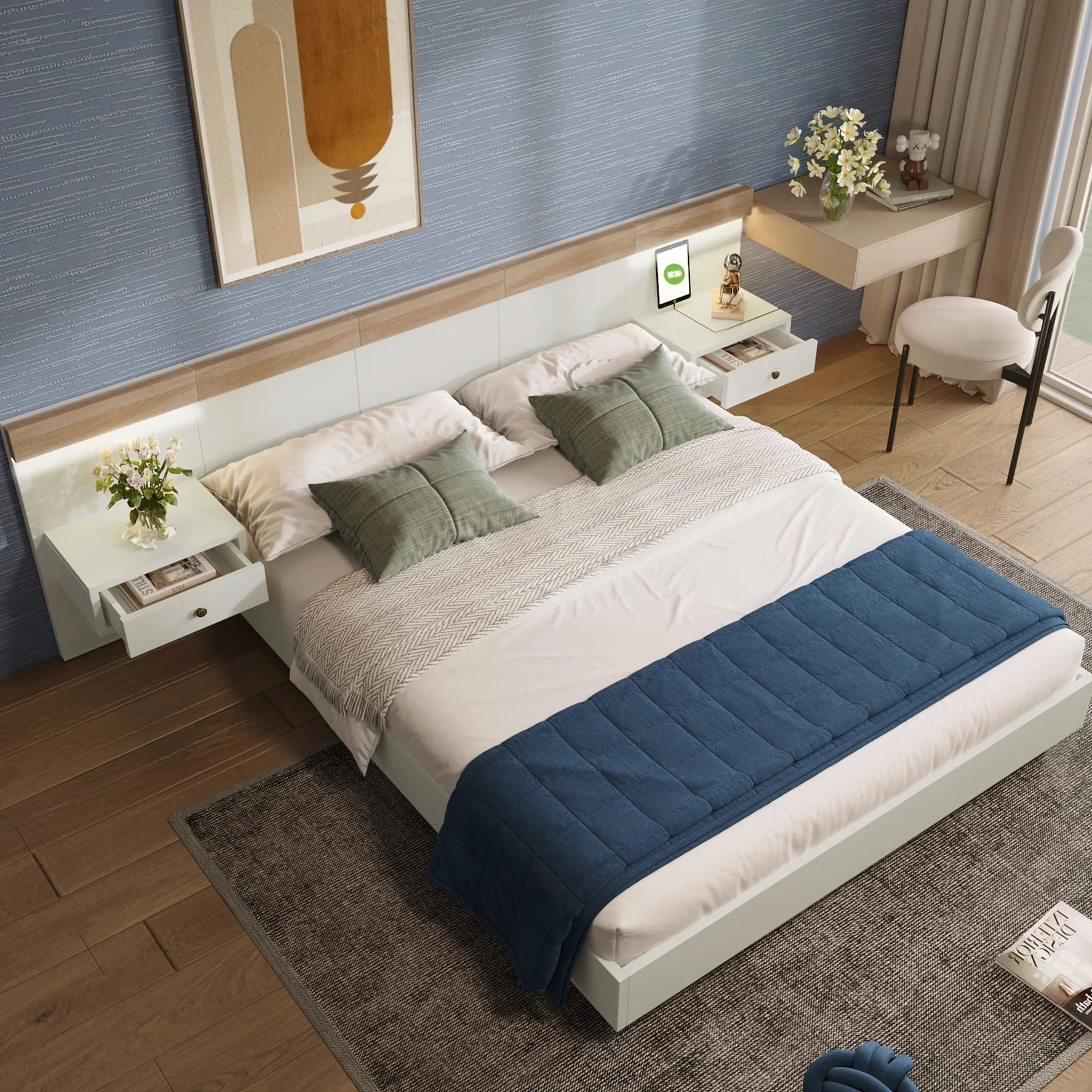 Dolamaní Dormitorio Juego completo 180 x 200 cm, cama doble con 2 mesitas de noche, cama de madera con cabecero y marco de cama, con 2 cajones, blanco (doble*180, con mesita de noche)