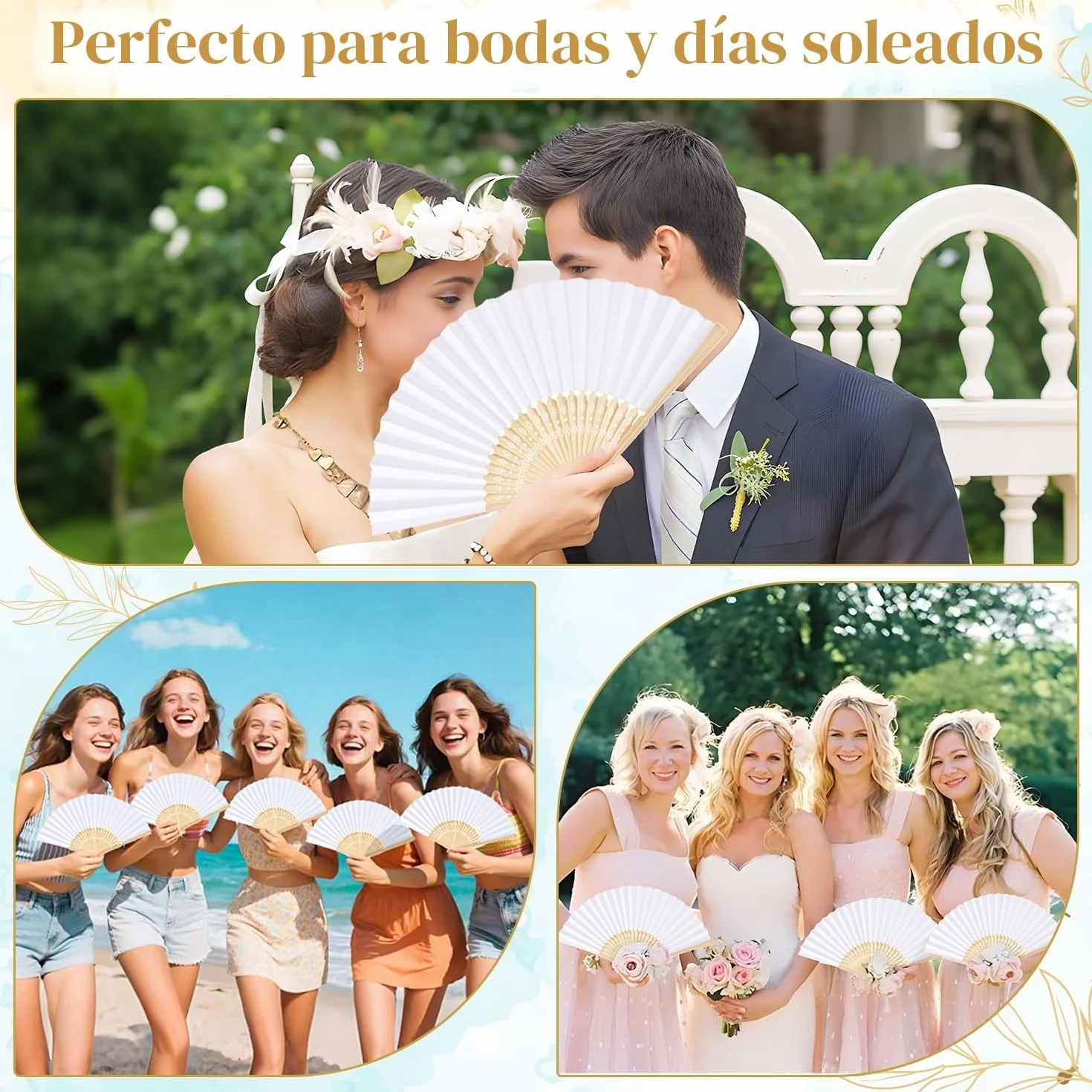 iZoeL 12 Abanicos Blanco Boda Invitados Mano, Abanicos de Papel Plegables con Varillas de Madera, Incluye 12 Bolsas de Organza, Detalles Bodas Invitados Fiesta Verano