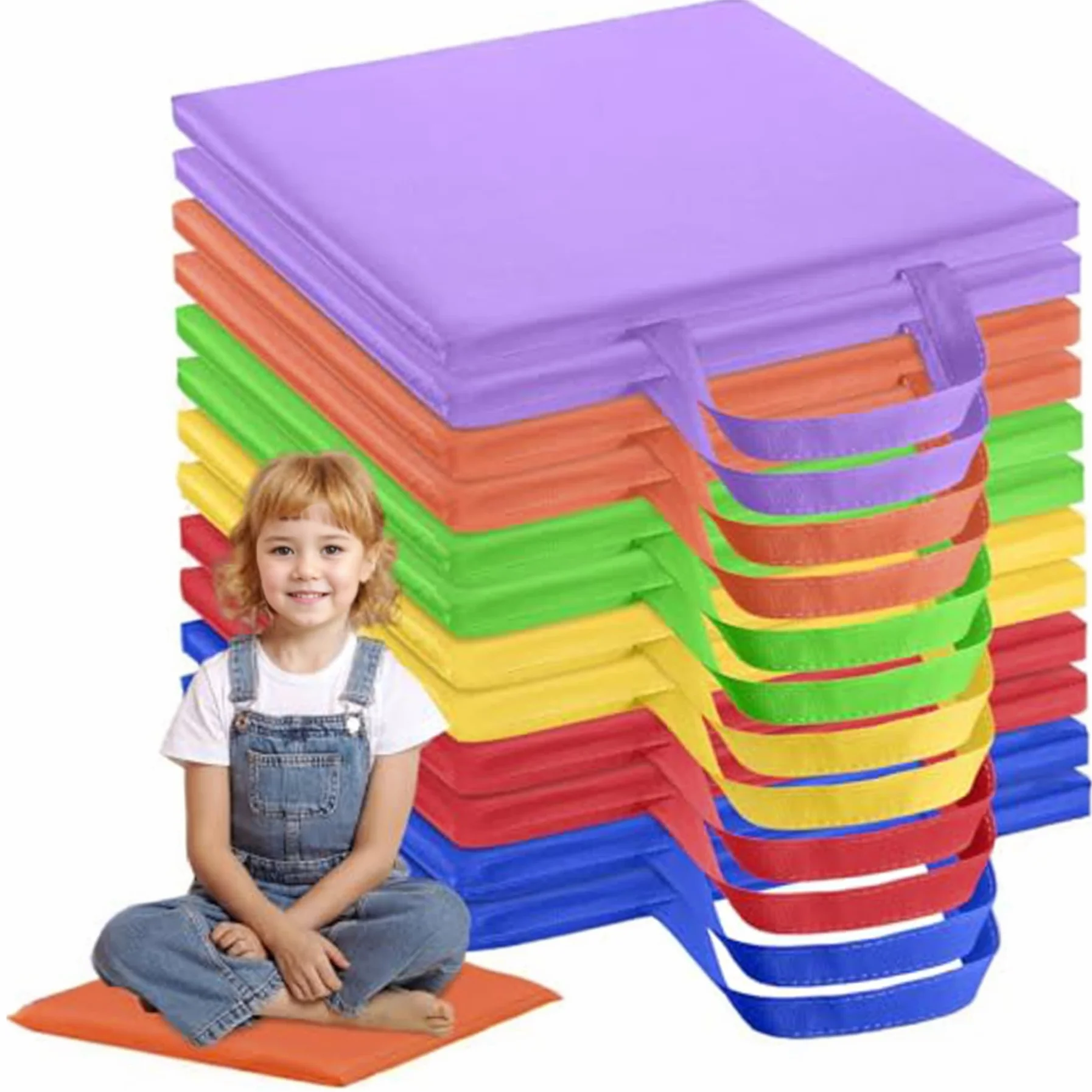 Cojines de piso impermeables 12 pulgadas 12 piezas 6 colores con manija asientos flexibles para aula niños