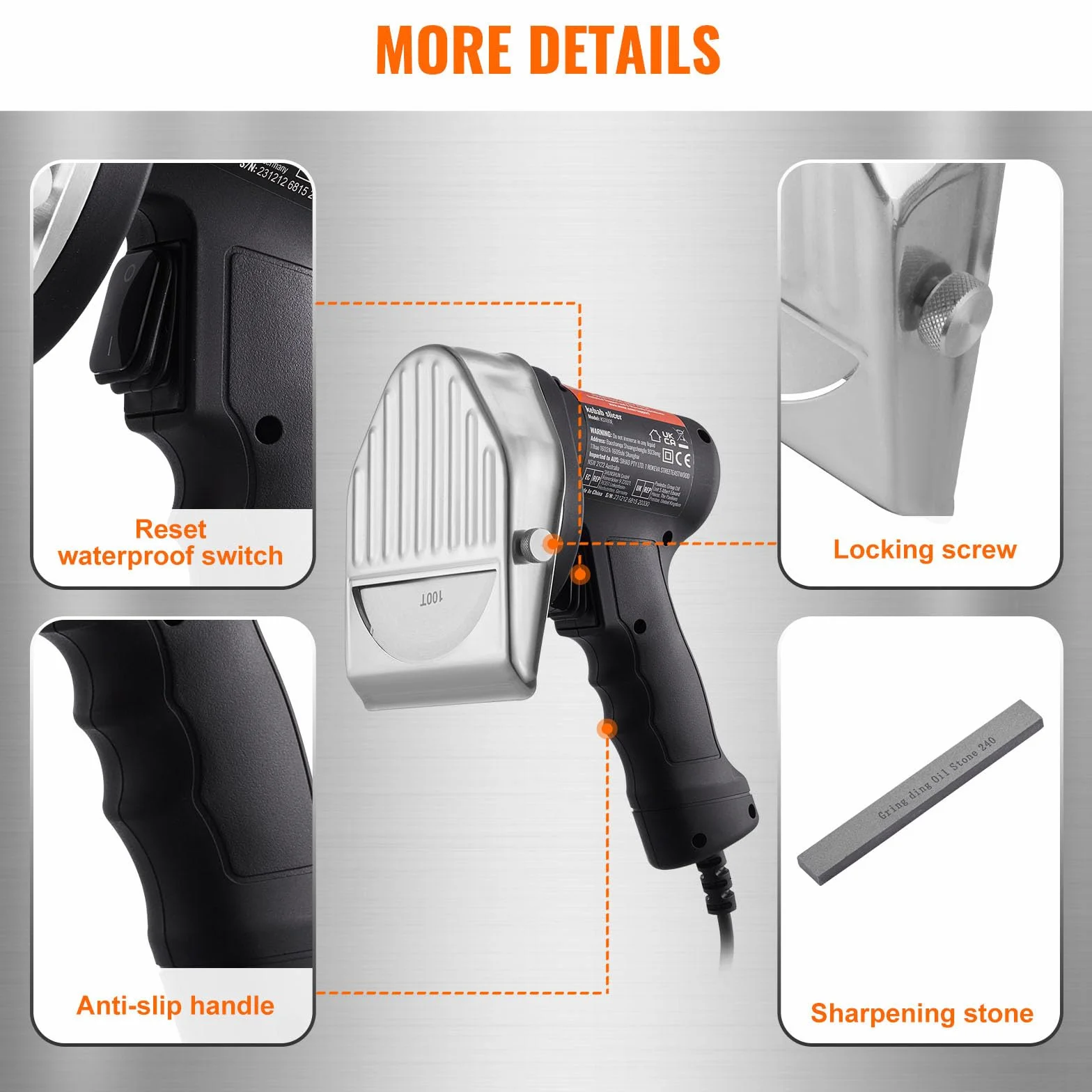 VEVOR Cuchillo Kebab Eléctrico 80 W, Shawarma Döner Kebab Cortador de Carne Turco Comercial de Acero Inoxidable, con 2 Cuchillas Diámetro 100 mm, Grosor Ajustable 0-8 mm, para Restaurante, Snack-Bar