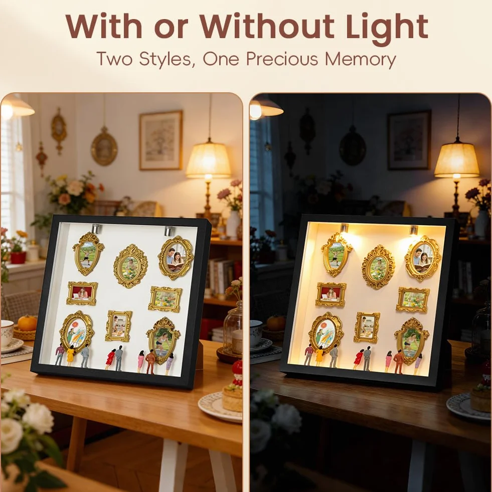 Aolso DIY Mini Museum Silhouette Box, Cuadros Cajas de Sombra de Foto Personalizada con 8 Cifras de Museo y 8 Marcos Dorados, Luces Led, para Decoración del hogar, Aniversarios, Cumpleaños, Negro