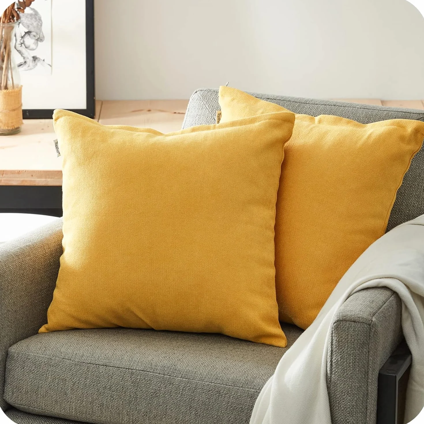 Topfinel Fundas Cojines Sofa 2 Pack 45x45 Algodón Lino Chenilla Color Sólido Amarillo