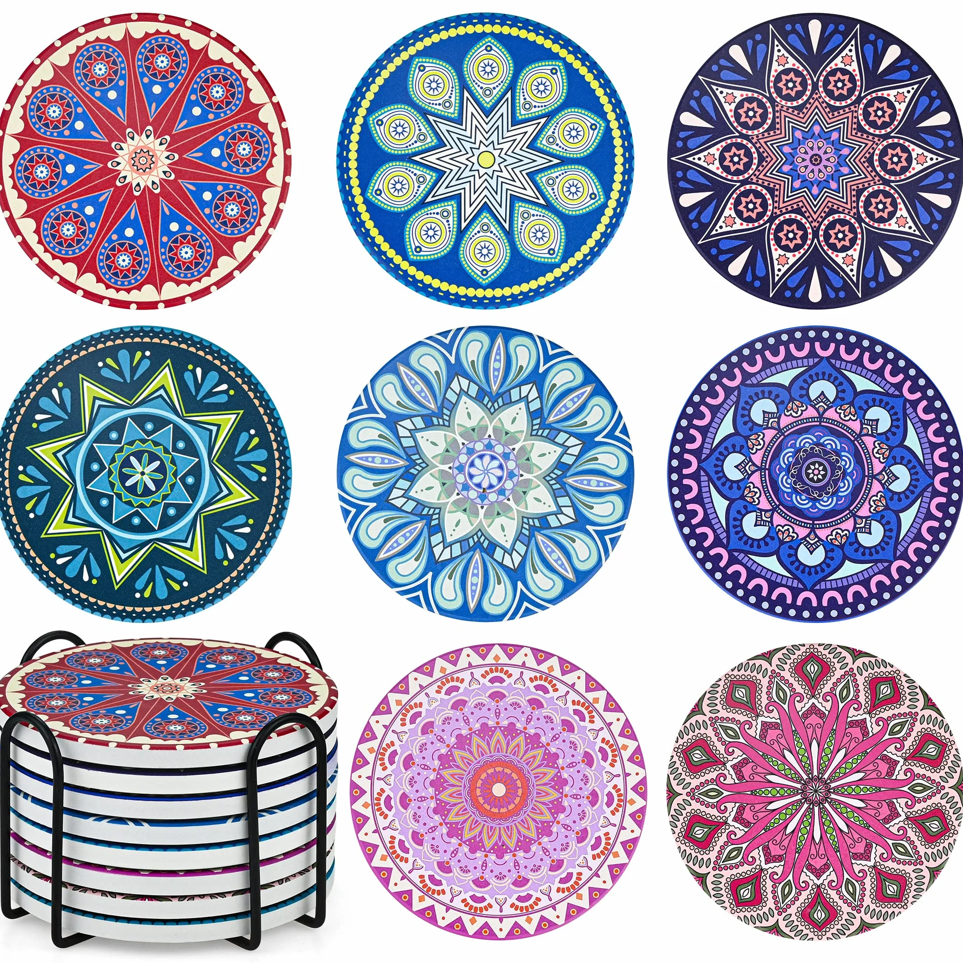 Mandala Juego 8 Posavasos Cerámica Redondos 4 Pulgadas Soporte Bebidas Absorbente Base Corcho Antideslizante