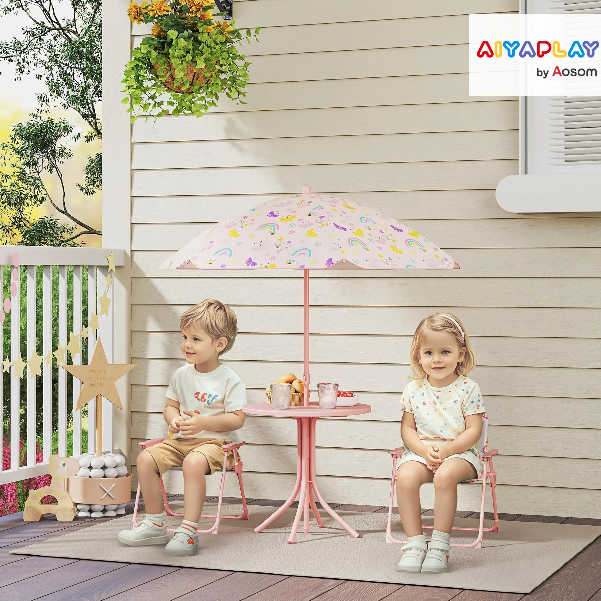AIYAPLAY Conjunto de Mesa y Sillas Infantil de Jardín 4 Piezas con Sombrilla Ajustable