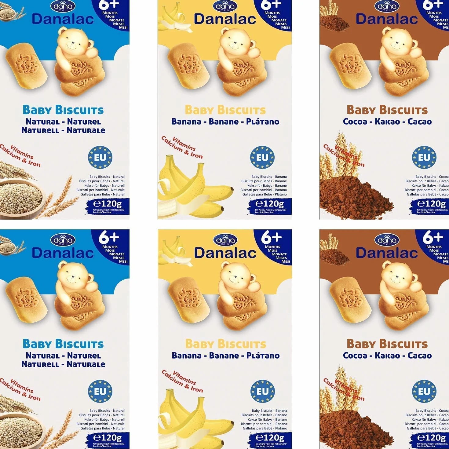 DANALAC Galletas de bebé 120g Paquete combinado 2 plátano 2 cacao 2 natural Aperitivos niños 6 meses calcio hierro vitaminas