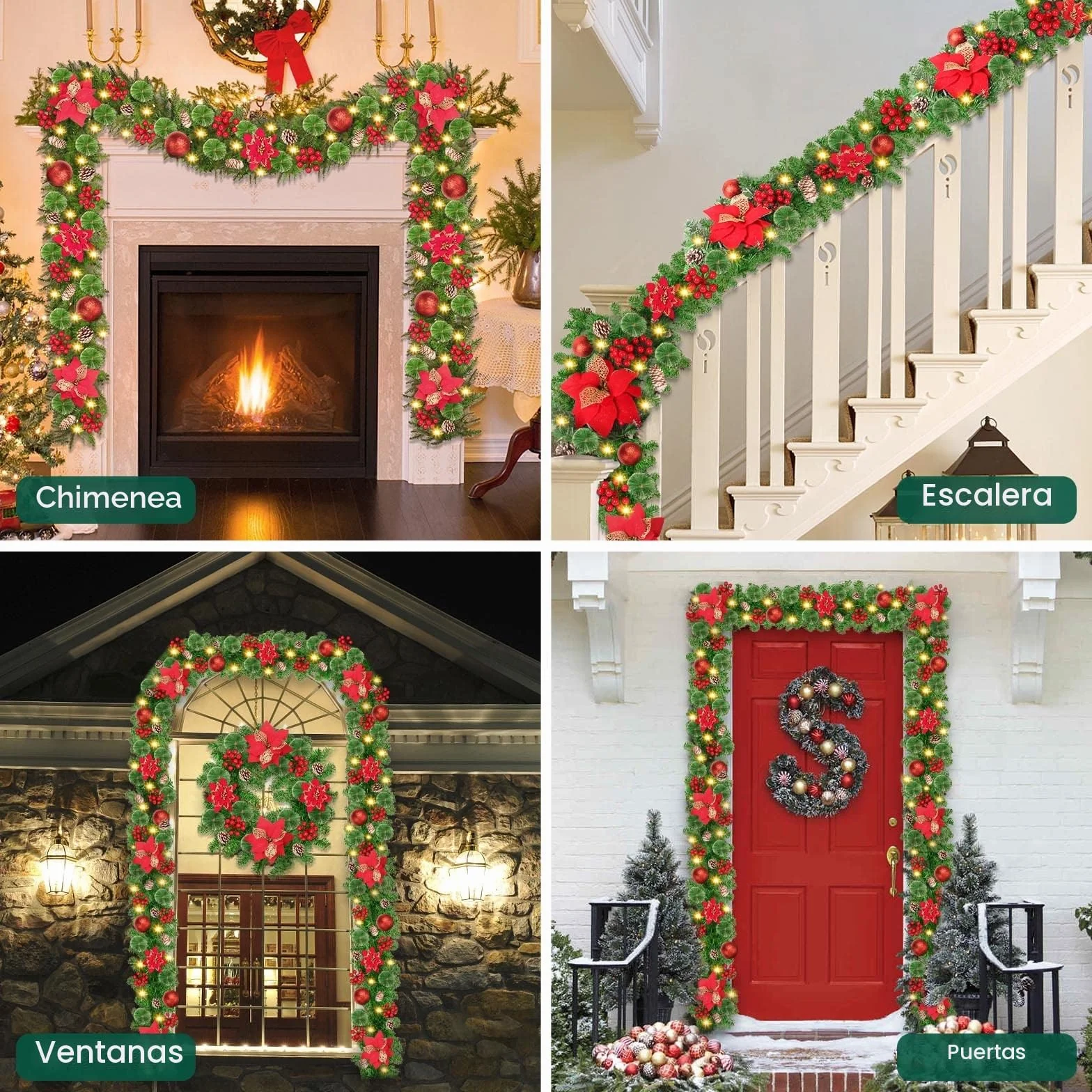 Guirnalda de Navidad, 2.7m Guirnalda Navideña con 50 LED Luces, Guirnalda de Navidad con 8 Modos de Iluminación, Guirnalda Navideña para Escaleras, Puerta, Arco, Hogar, Exterior, Decoración (Rojo)