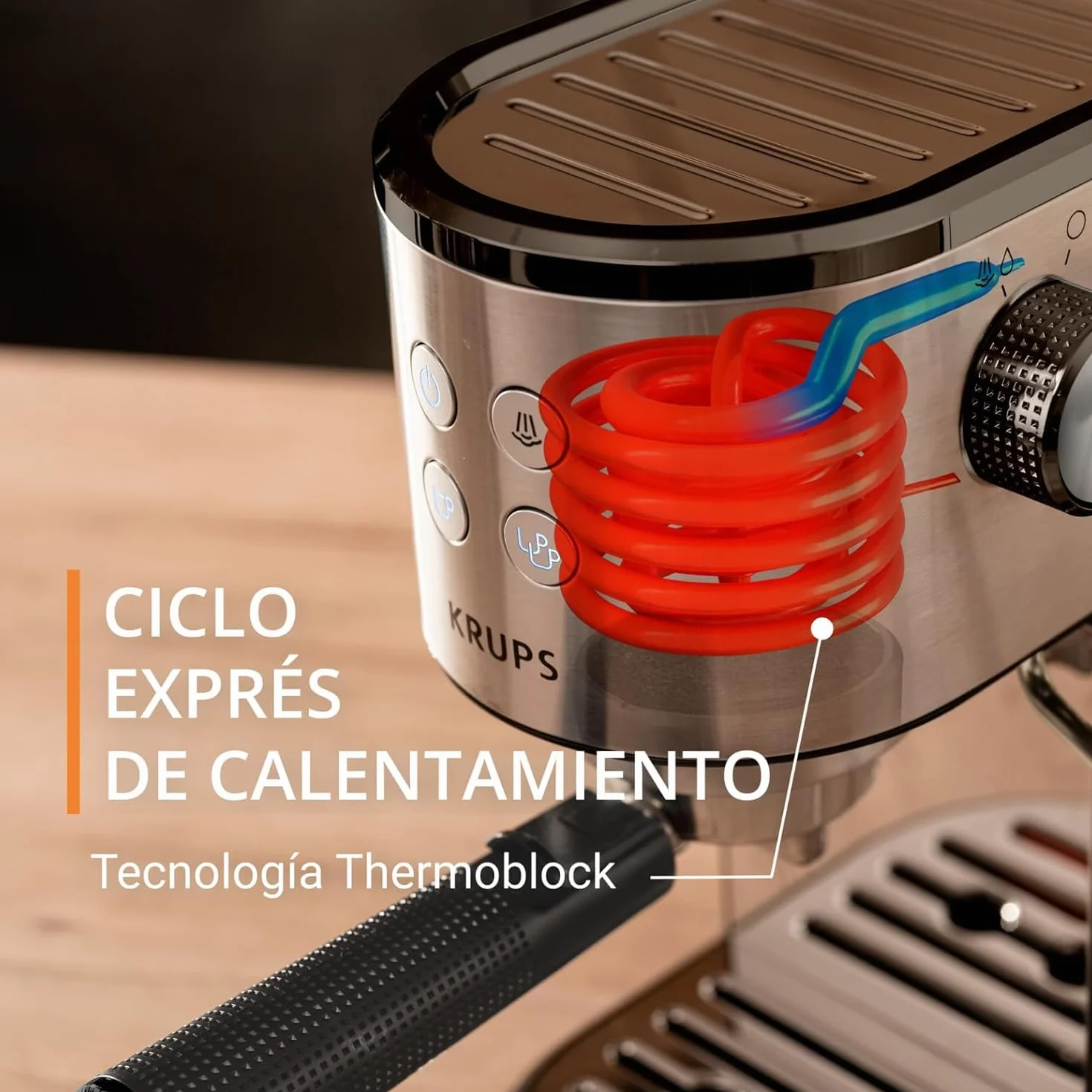 Krups Virtuoso Essential - Cafetera espresso 15 bar, acero inox negro, diseño compacto y elegante, parada automática, espresso y cappuccino, Thermoblock, boquilla de vapor, incluye cuchara, XP4418