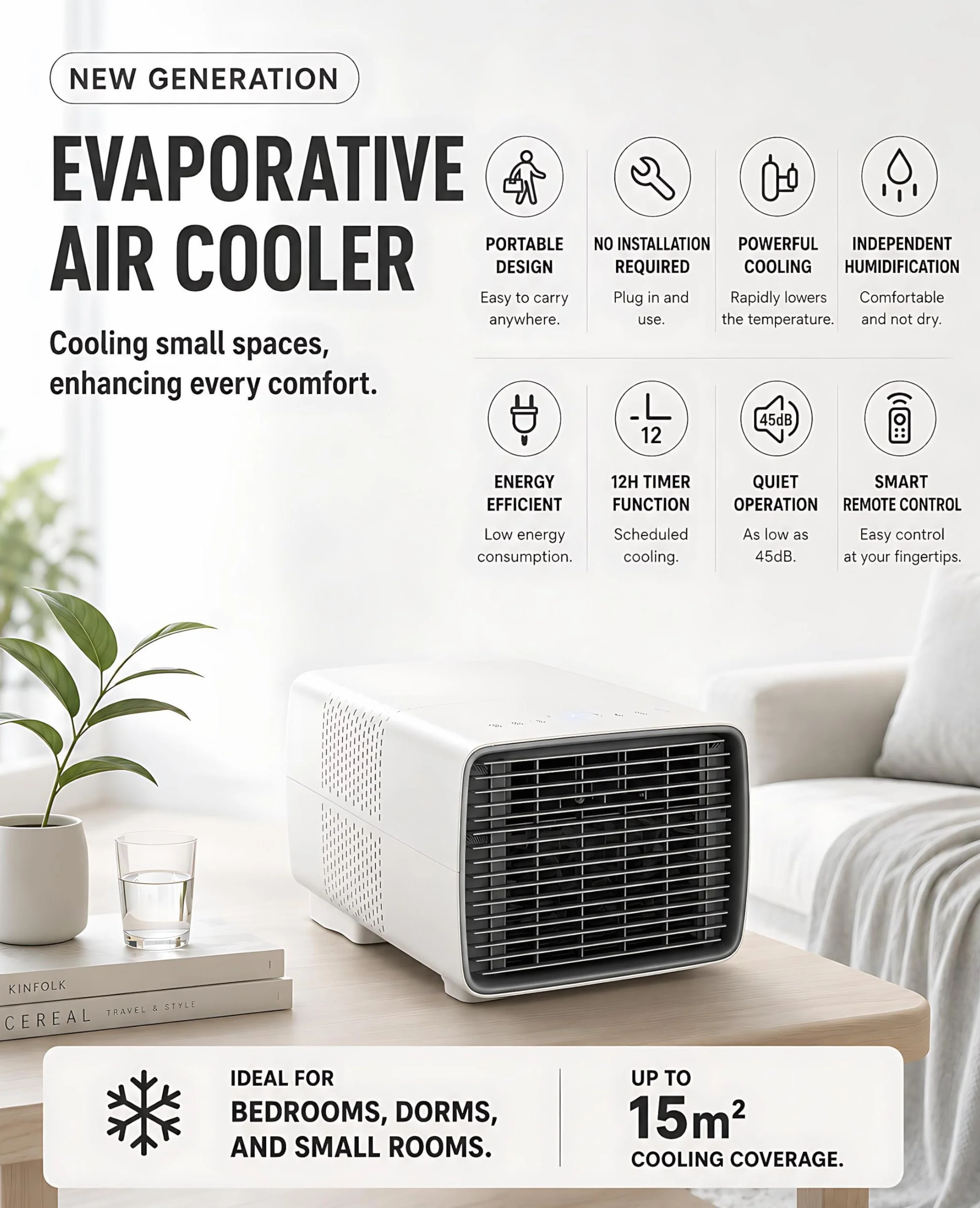 Aire Acondicionado Portátil 2700 BTU, 280W Bajo Consumo, 3 en 1 Enfriador, Deshumidificador y Ventilador con Compresor DC, Silencioso, Mando a Distancia para Camping y Caravana