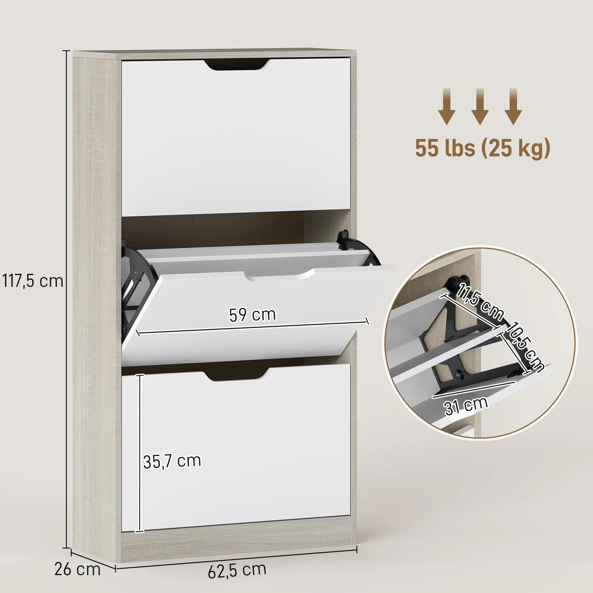 HOMCOM Zapatero Estrecho, 3 Puertas Abatibles, Zapatero Entrada Recibidor para 18 Pares de Zapatos, para Pasillo, Espacios Reducidos, 62,5x26x117,5 cm, Roble y Blanco