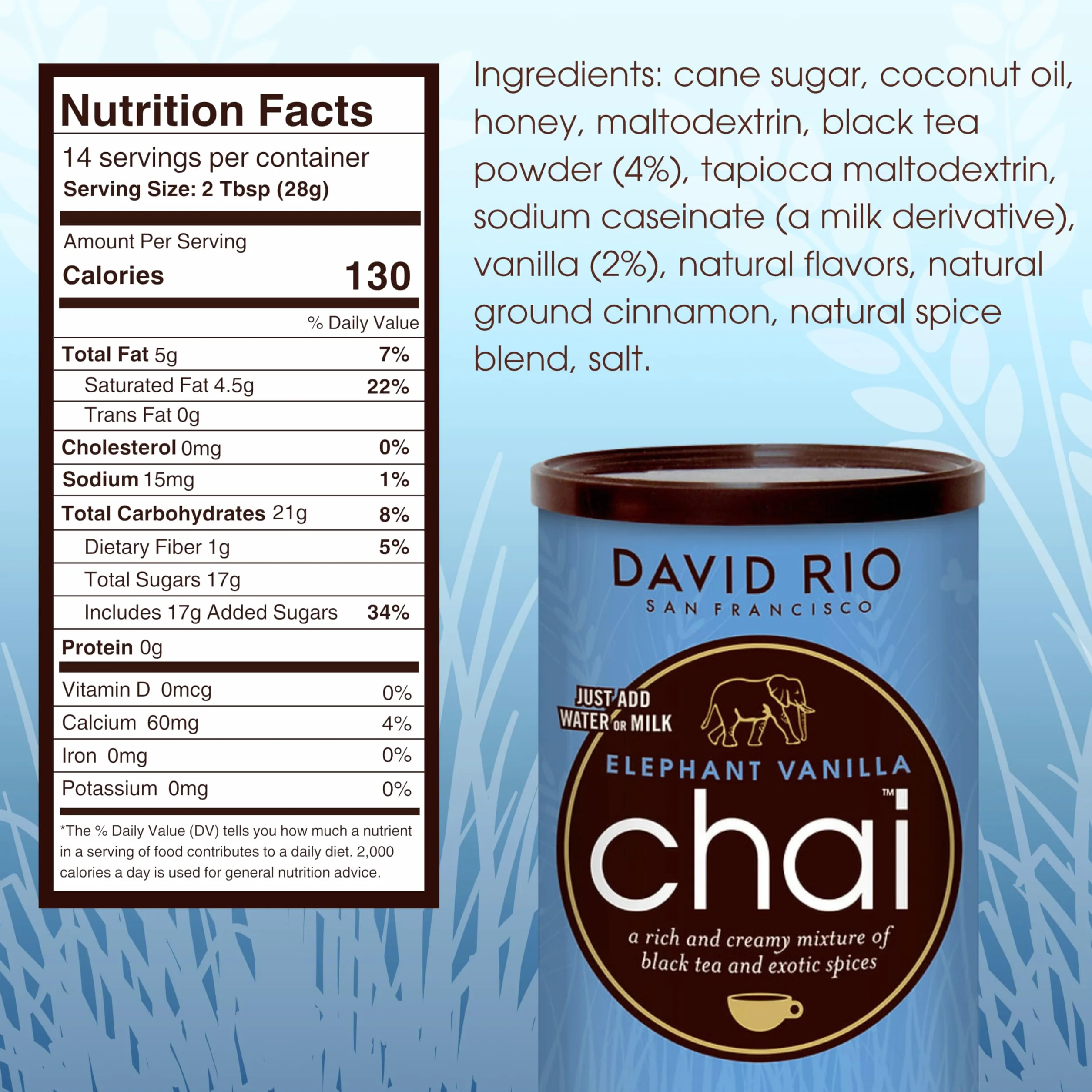 David Rio Chai Mix Elephant Vanilla 398g Instantánea Té Chai 1 Unidad