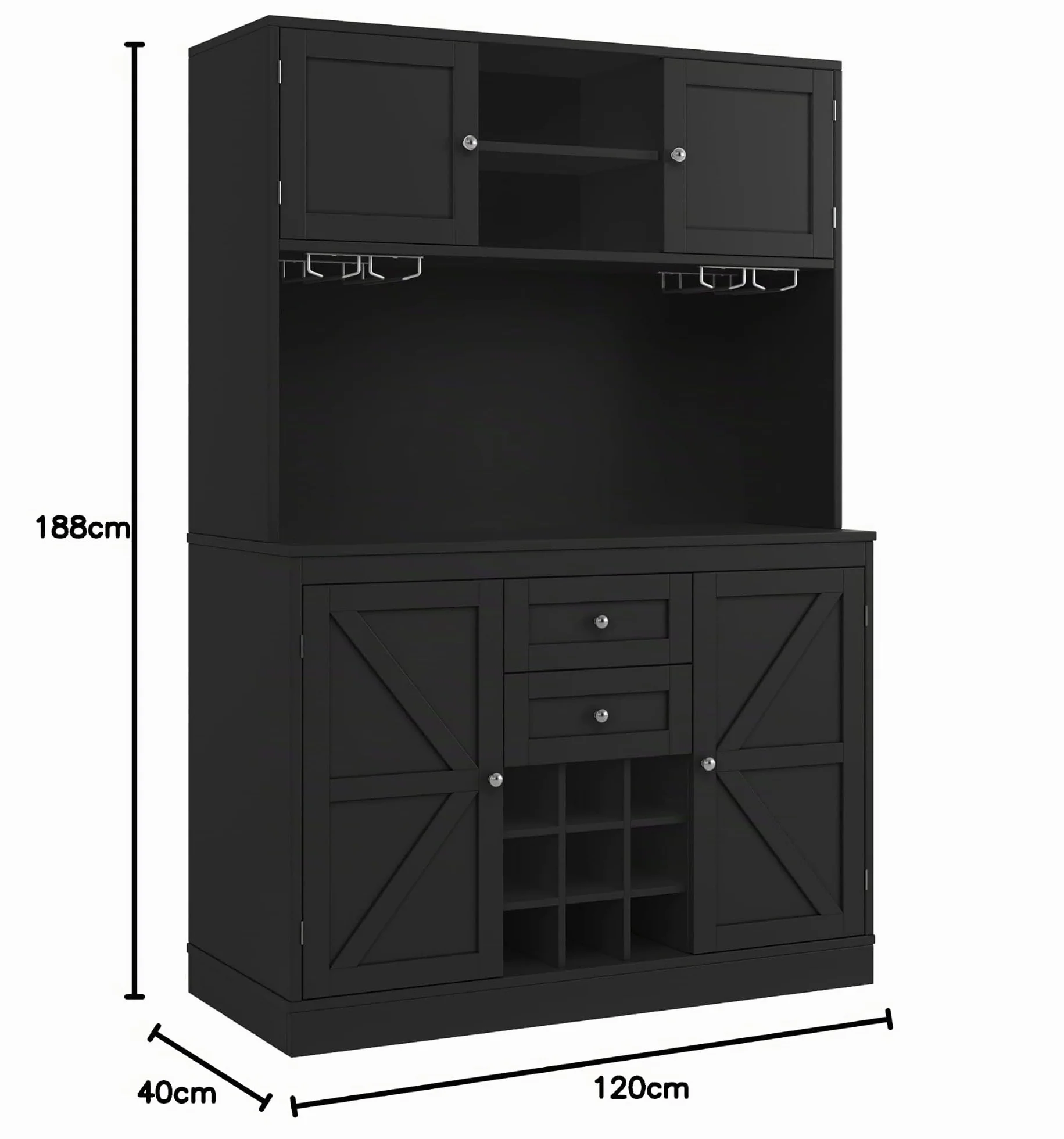 Armario alto de cocina de 188 cm con estantes ajustables, estantería para vino, armario alto de cocina buffet con 4 puertas, 2 cajones, aparador para cocina y salón, armario buffet (negro)