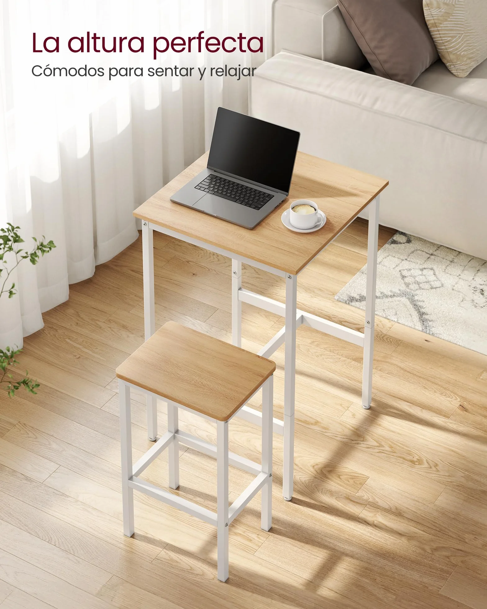 VASAGLE Mesa de Bar con 2 Taburetes, Comedor Cocina, Roble Dorado y Blanco Nube LBT017W09