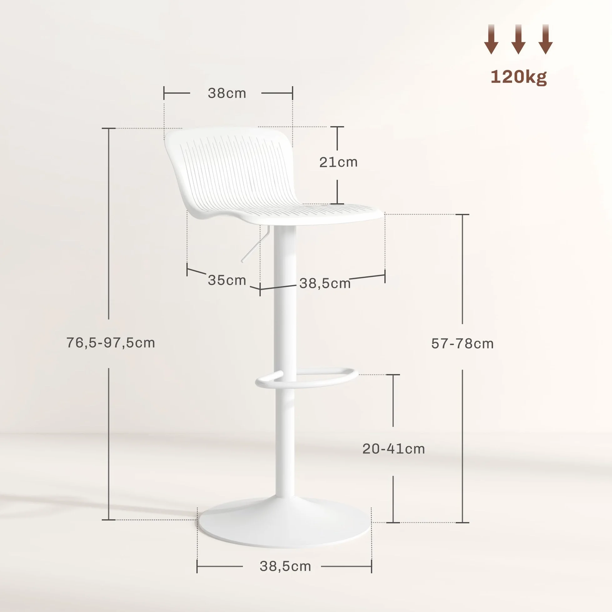 HOMCOM Conjunto de 2 Taburetes Altos de Cocina Sillas Altas Giratorias con Respaldo y Altura Ajustable Carga 120 kg para Bar Salón Comedor Blanco