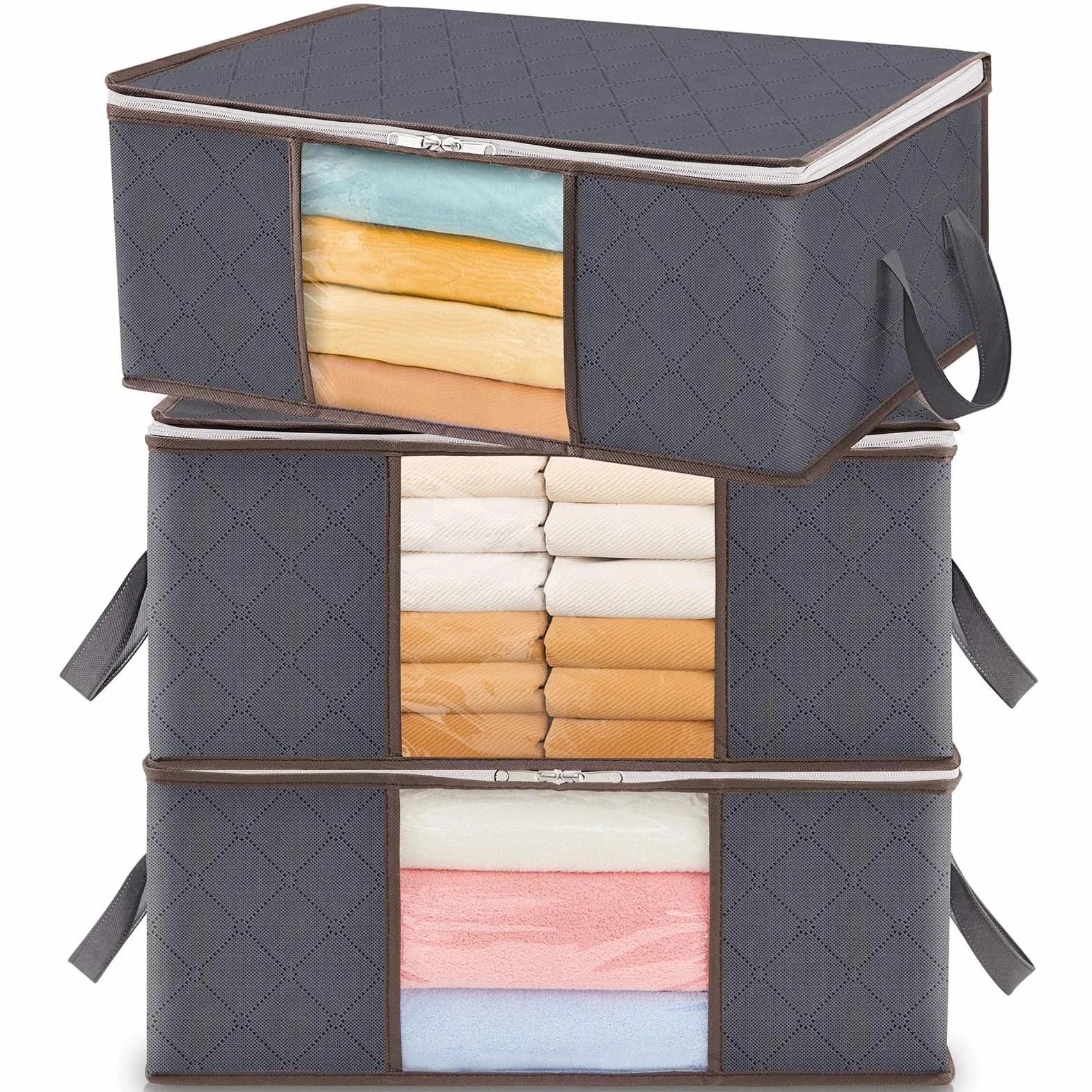 Lifewit Cajas Almacenaje Ropa Plegable Organizador Armario Tejido Resistente Ventana Transparente Gris 35 L 3 Piezas