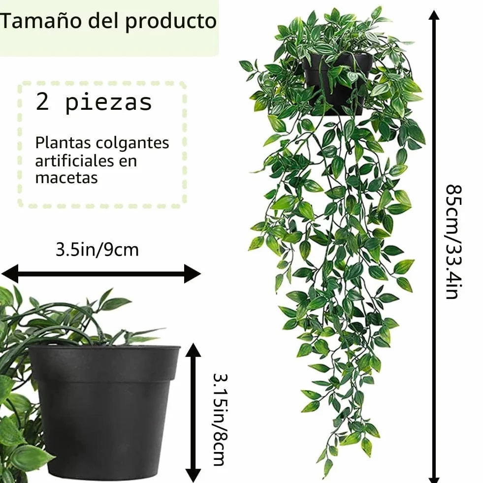 Plantas Artificiales Colgantes con Maceta, 2 Pcs Decorativas para Estante Interior