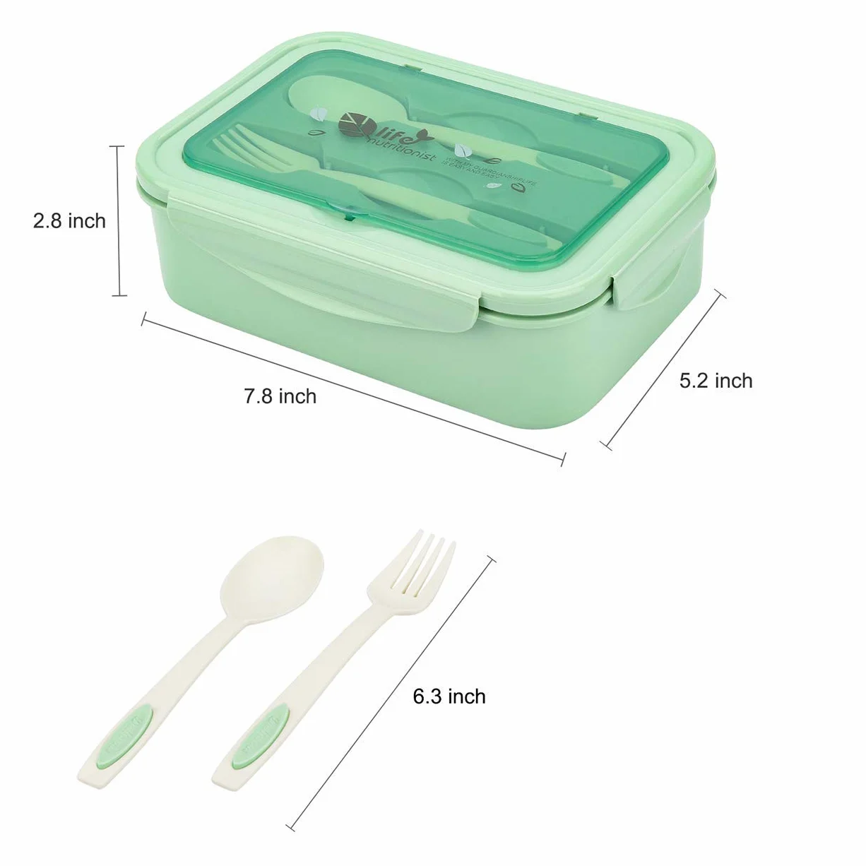 BIBURY Fiambrera Bento Box para adultos y niños, a prueba de fugas, 1400 ml, fiambrera con 3 compartimentos y cubiertos, apta para microondas, para escuela, trabajo, pícnic, viajes (verde)