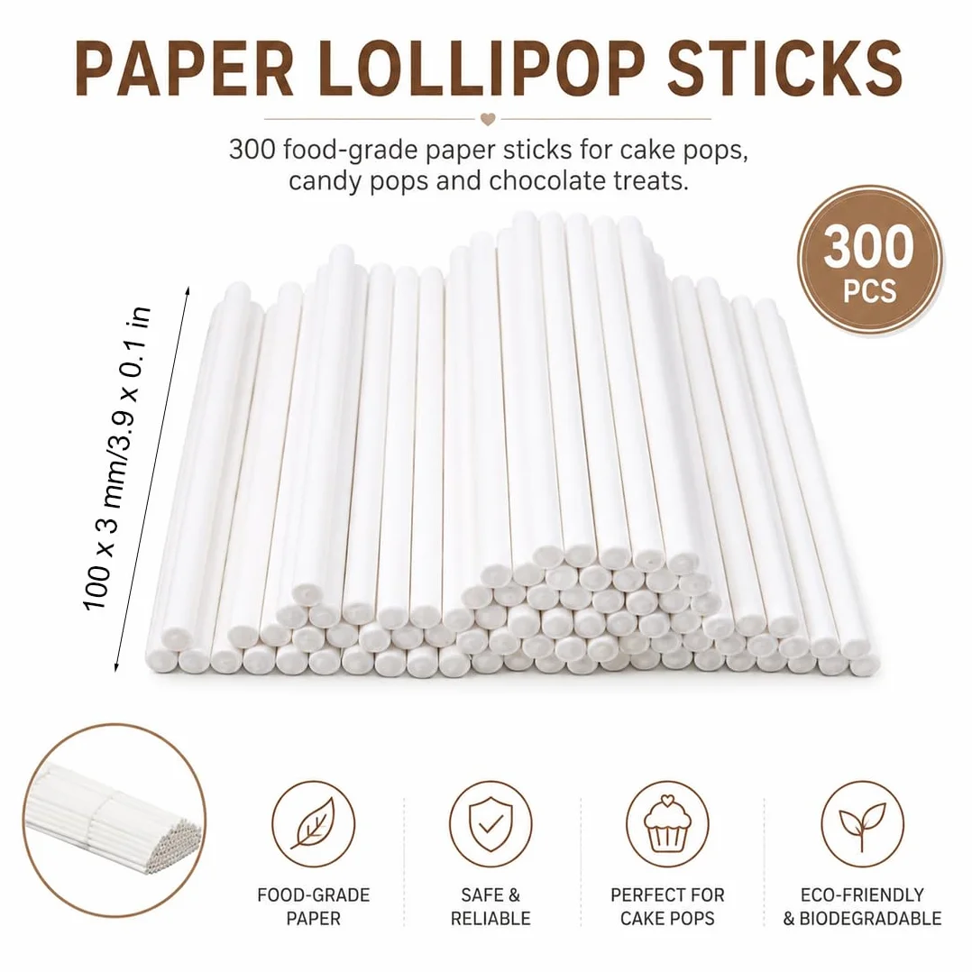 300 Piezas Palitos para Piruletas y Cake Pops 100×3mm Blancos, Palillos de Plástico Alimentario para Repostería, Decoración de Tartas y Dulces