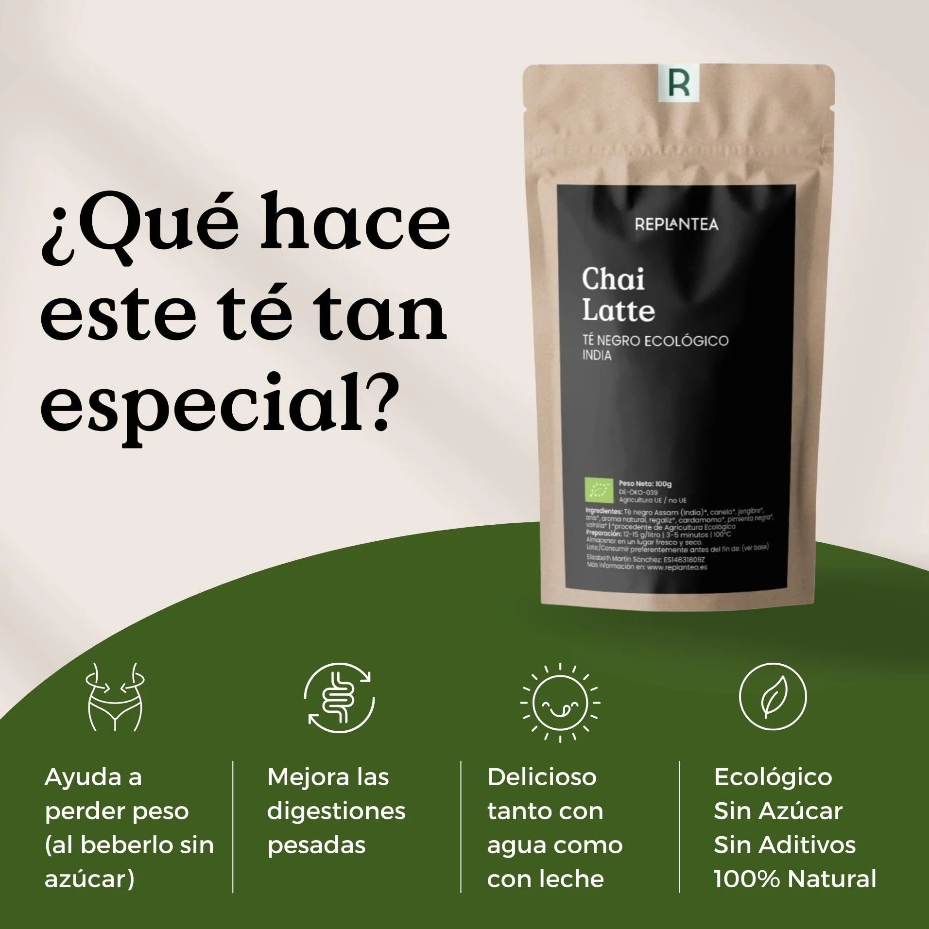 REPLANTEA® Masala Chai Latte Orgánico 100g (50 Tazas) Té Negro Assam con Especias