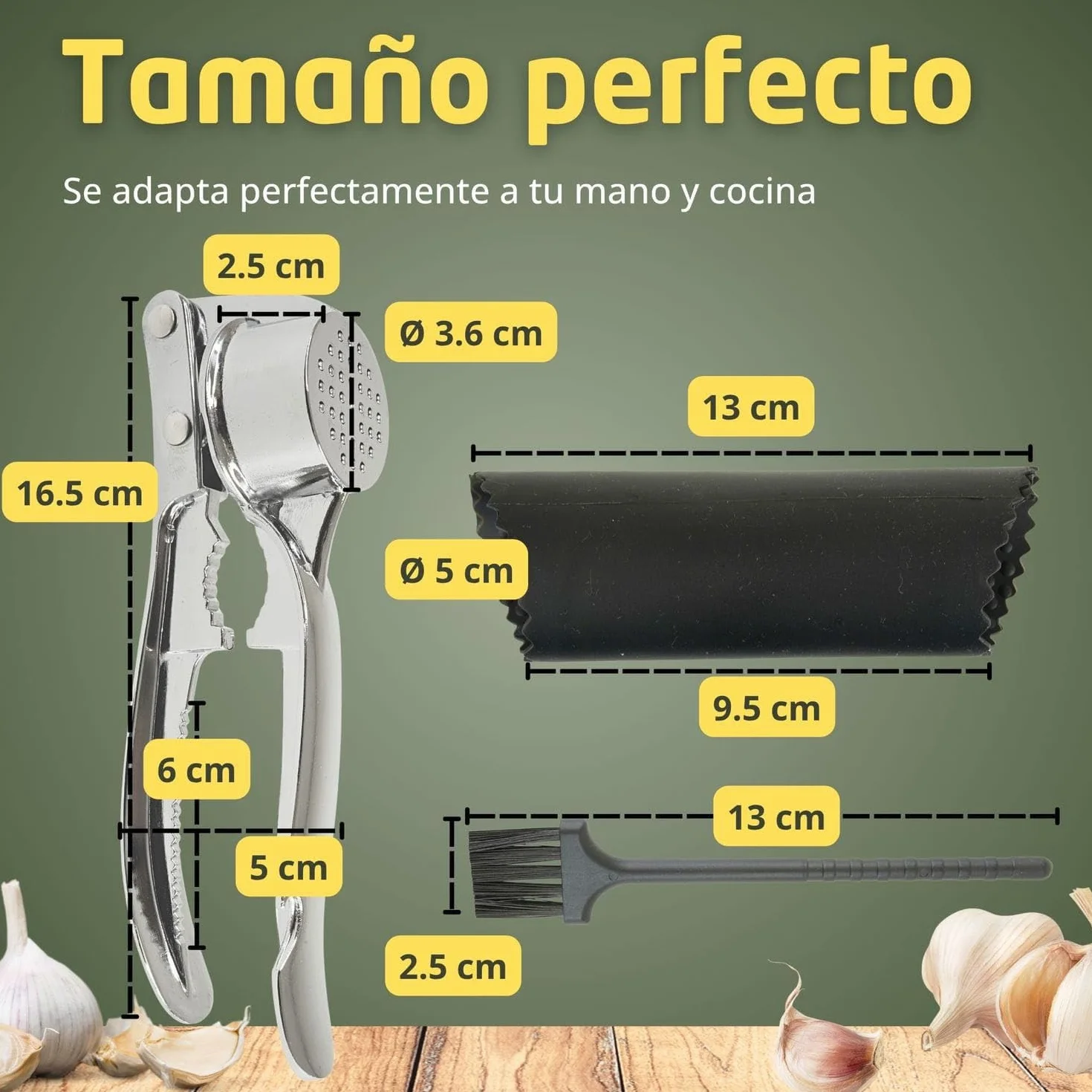 Prensa de Ajo Multifunción Acero Inoxidable Picadora Manual Triturador Pelador Ajos Cepillo Limpieza Cascanueces Escamador Abridor Botellas